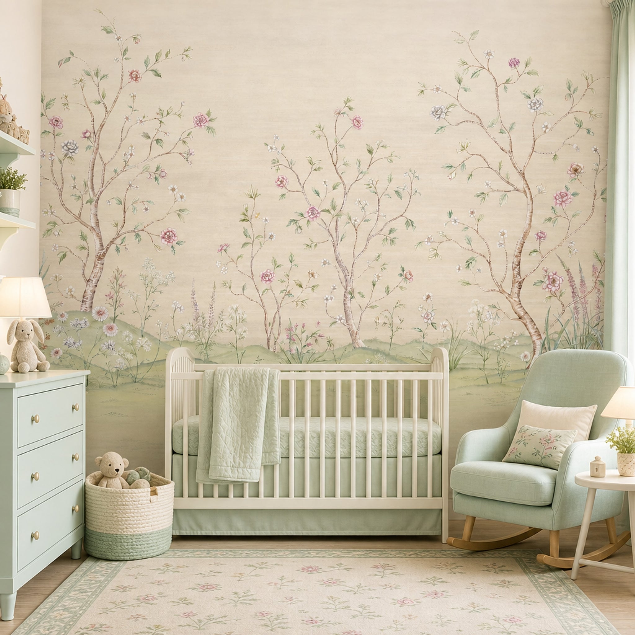 Muted Green Wallpaper Botanical Removable Watercolor Wall Decor