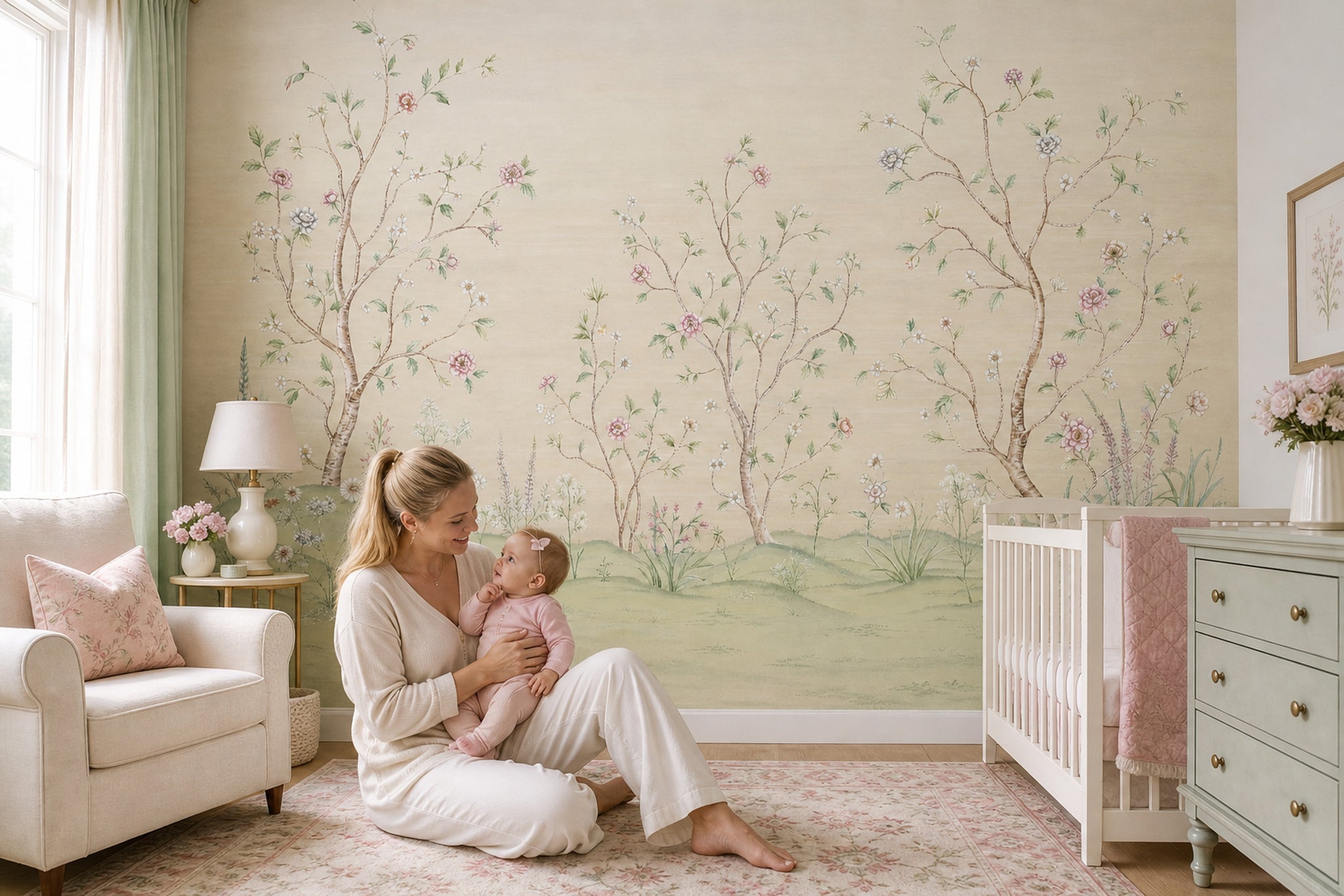 Muted Green Wallpaper Botanical Removable Watercolor Wall Decor