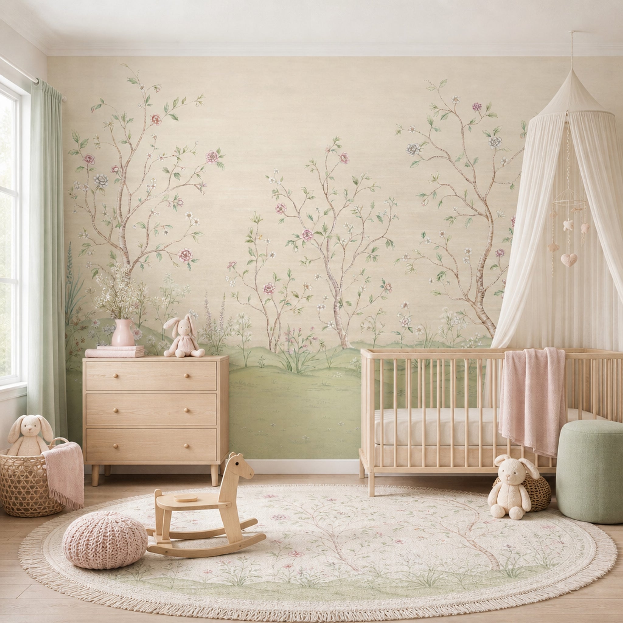 Muted Green Wallpaper Botanical Removable Watercolor Wall Decor
