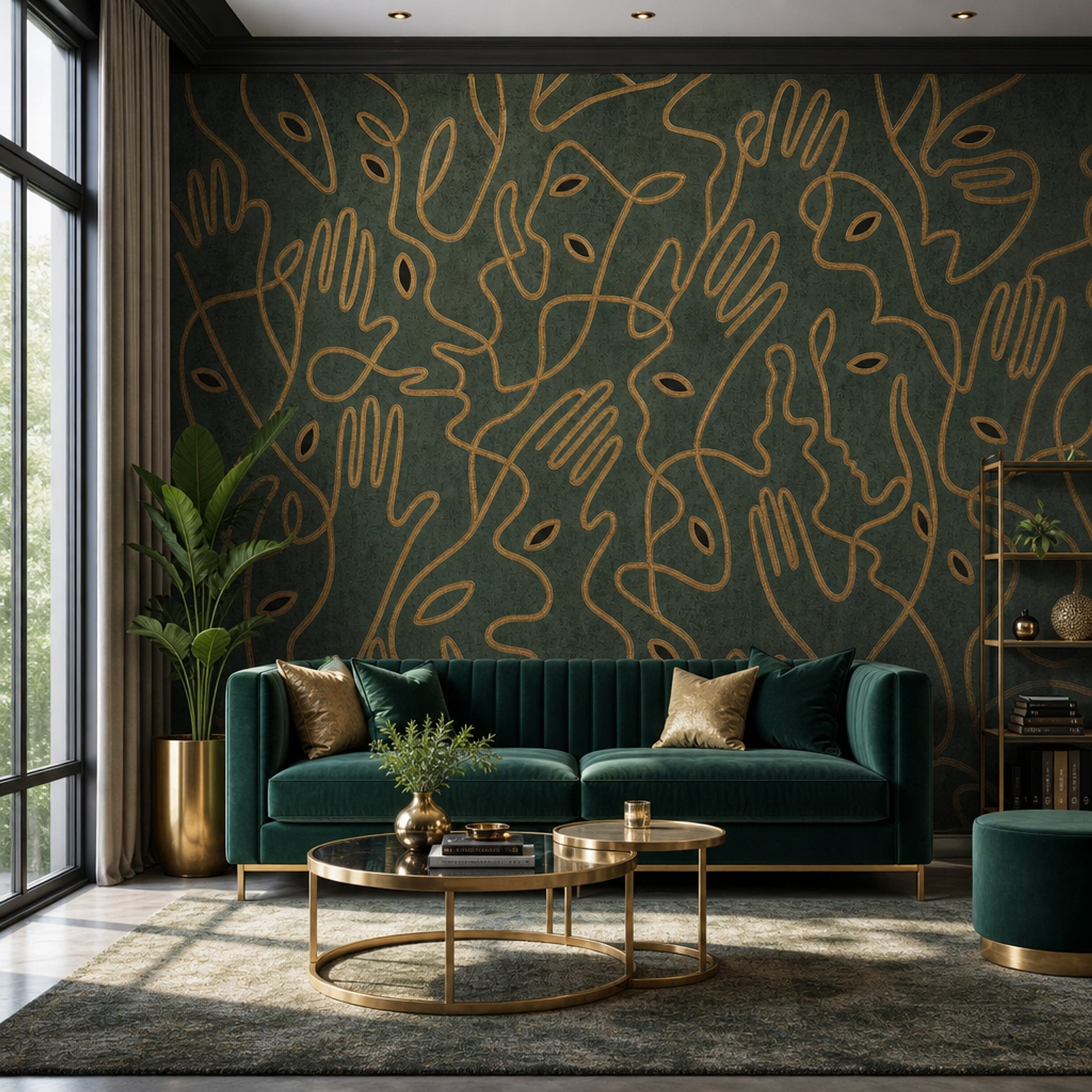 Continuous Line Faces Wallpaper Modern Portrait Pattern Removable Gold Outline Wall Decor