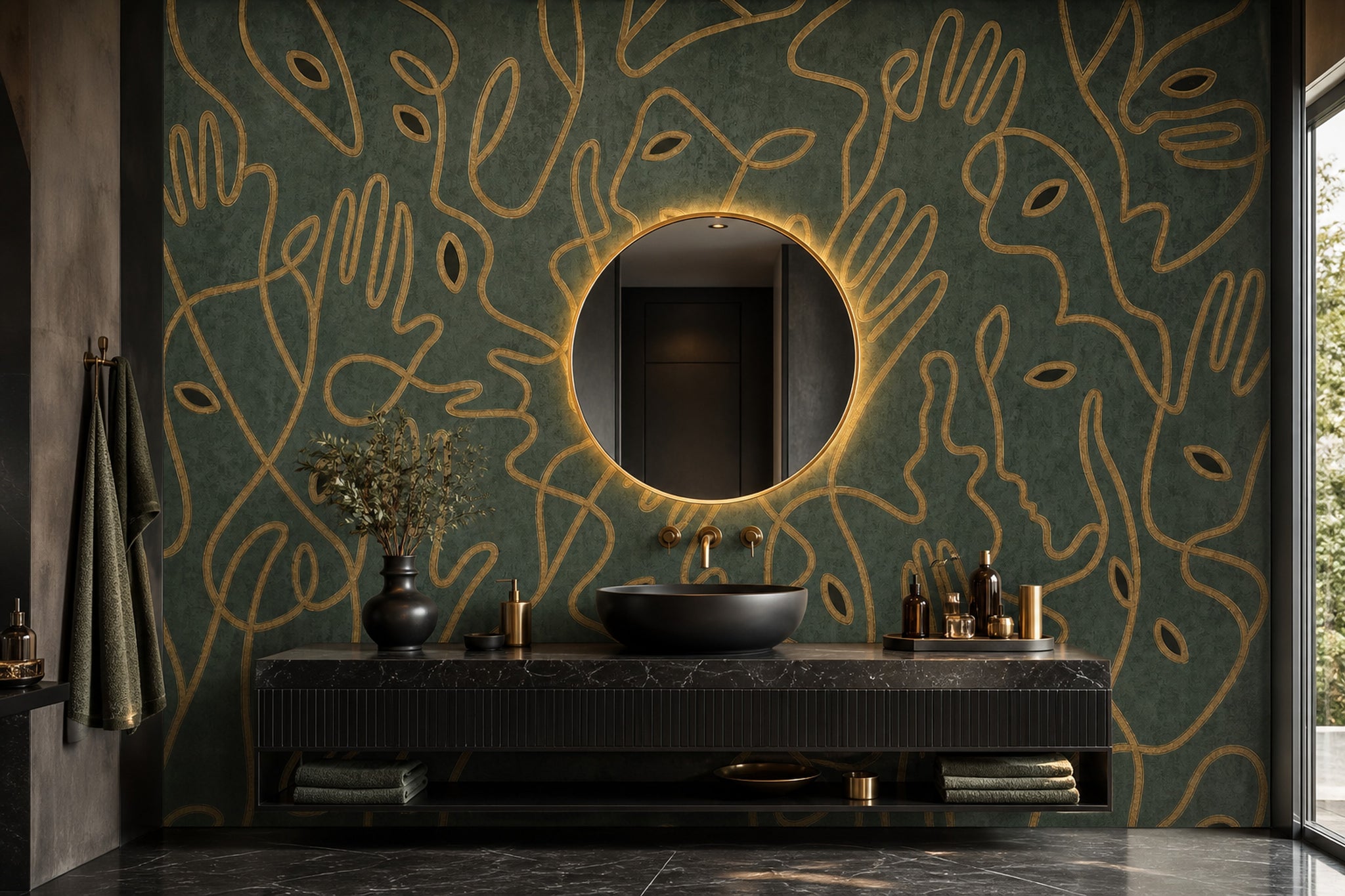 Continuous Line Faces Wallpaper Modern Portrait Pattern Removable Gold Outline Wall Decor