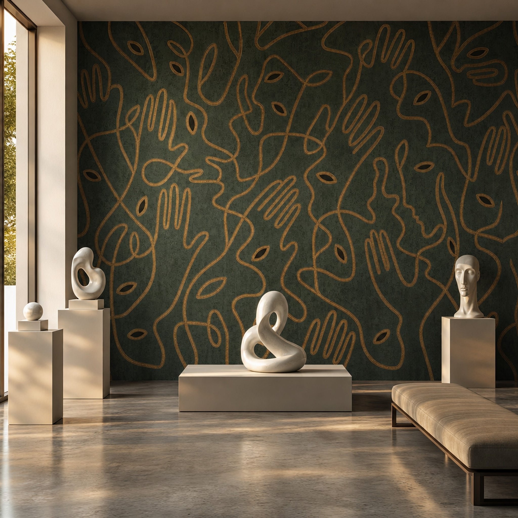 Continuous Line Faces Wallpaper Modern Portrait Pattern Removable Gold Outline Wall Decor