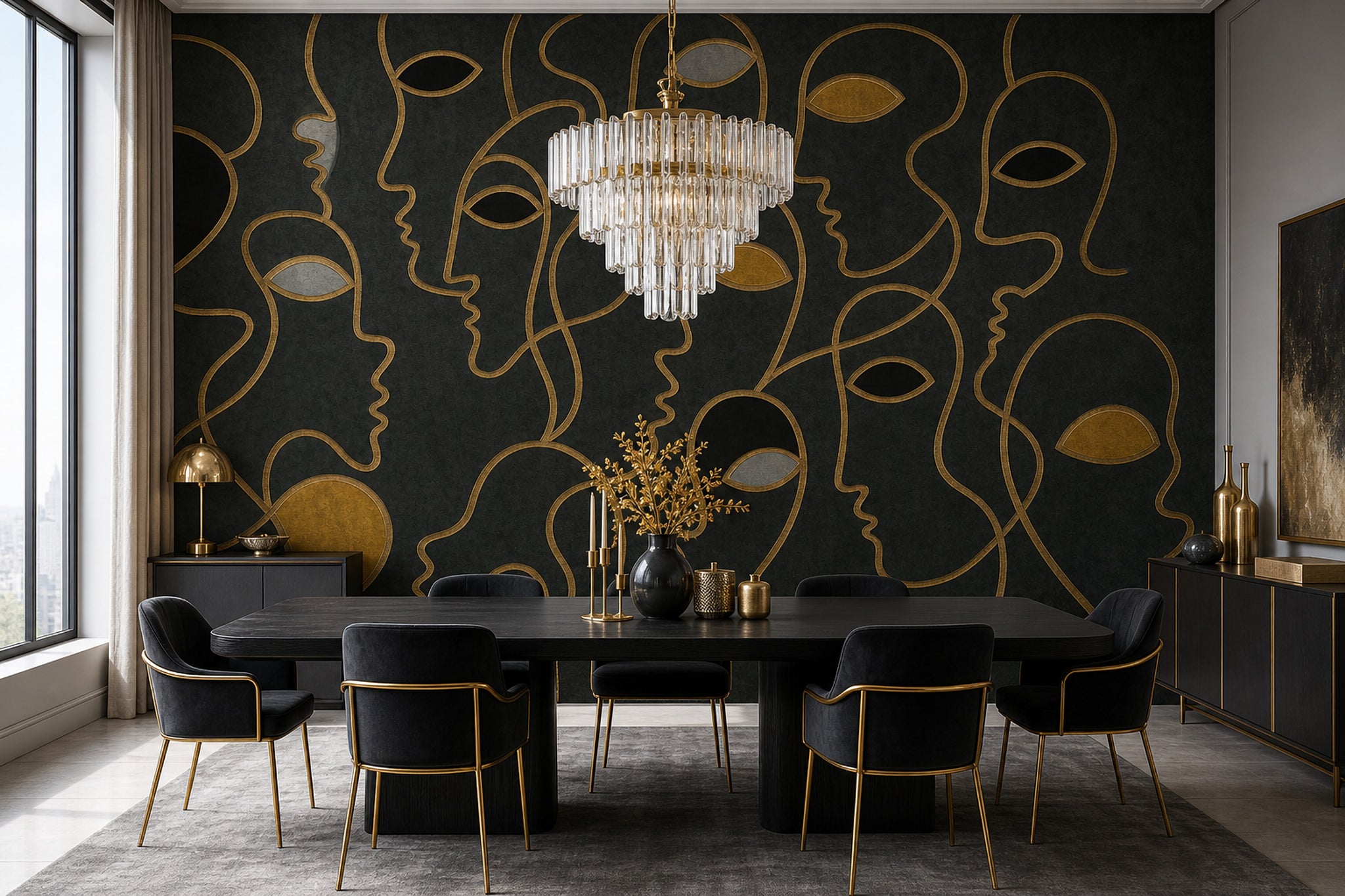 Abstract Faces Wallpaper Gold Line Art Modern Mural Removable Wall Decor