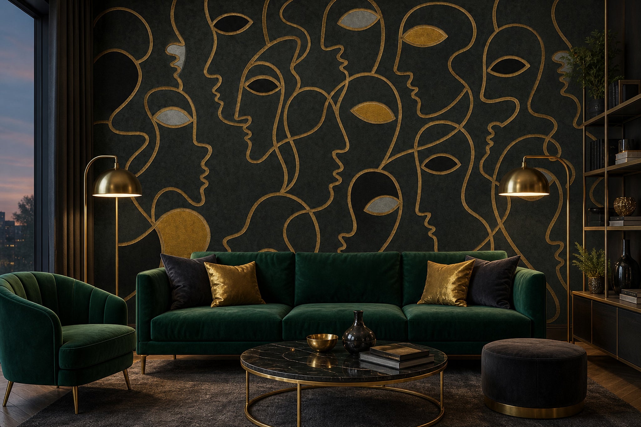 Abstract Faces Wallpaper Gold Line Art Modern Mural Removable Wall Decor