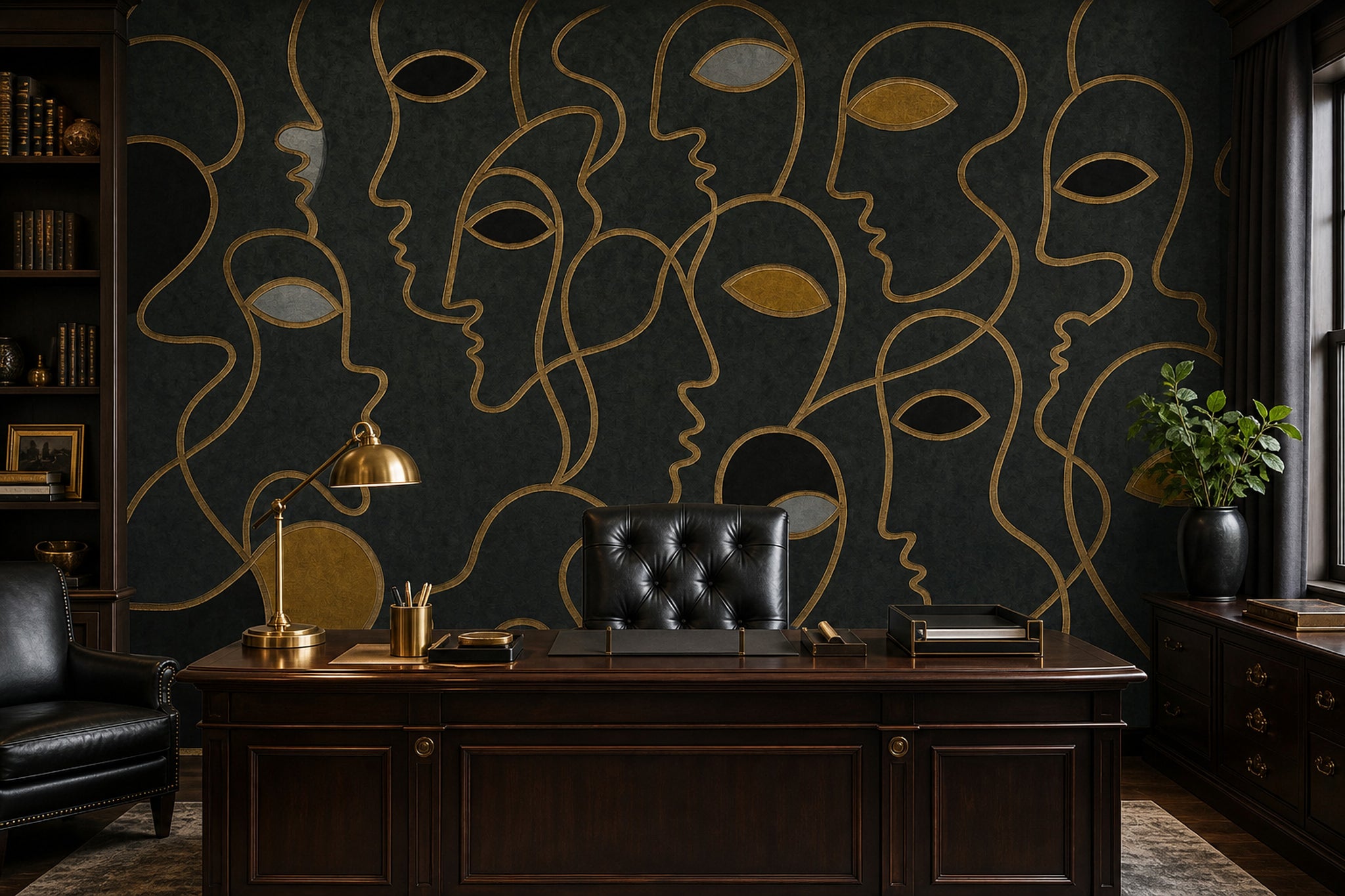 Abstract Faces Wallpaper Gold Line Art Modern Mural Removable Wall Decor