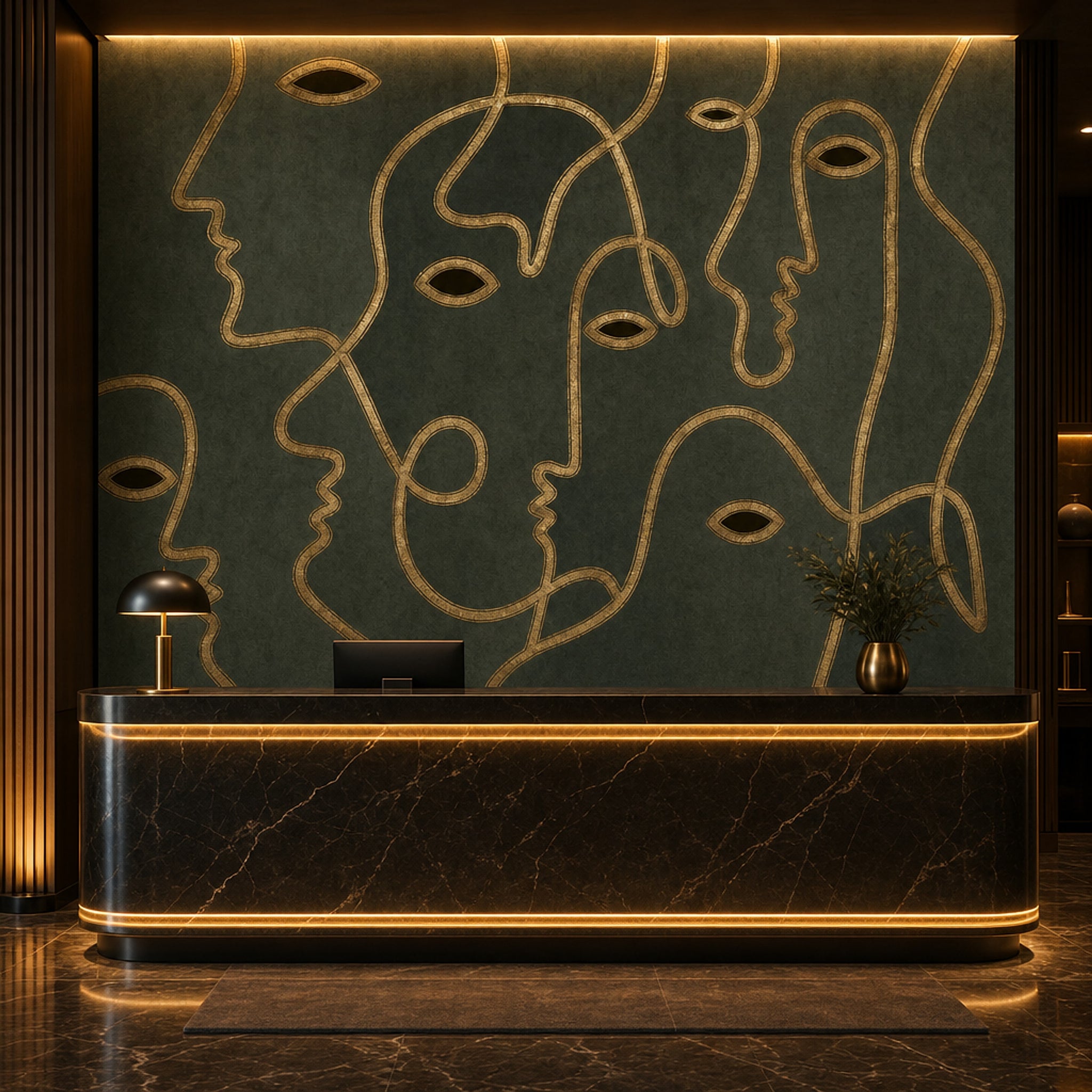 Line Art Faces Wallpaper Gold Outline Moody Wallpaper Wall Mural