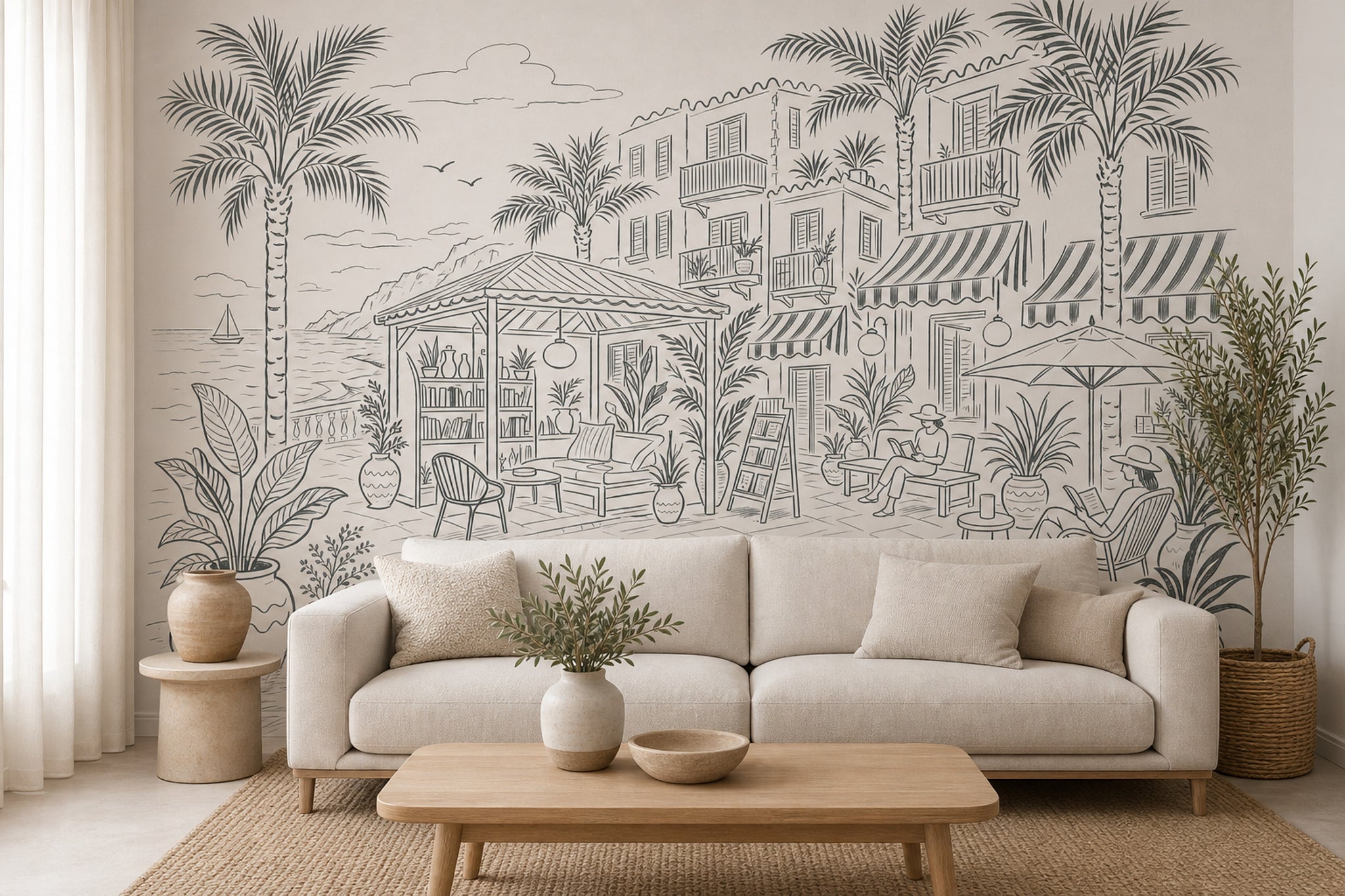 Mediterranean Coastal Terrace Wallpaper Seaside Resort Removable Palm Trees Wall Decor