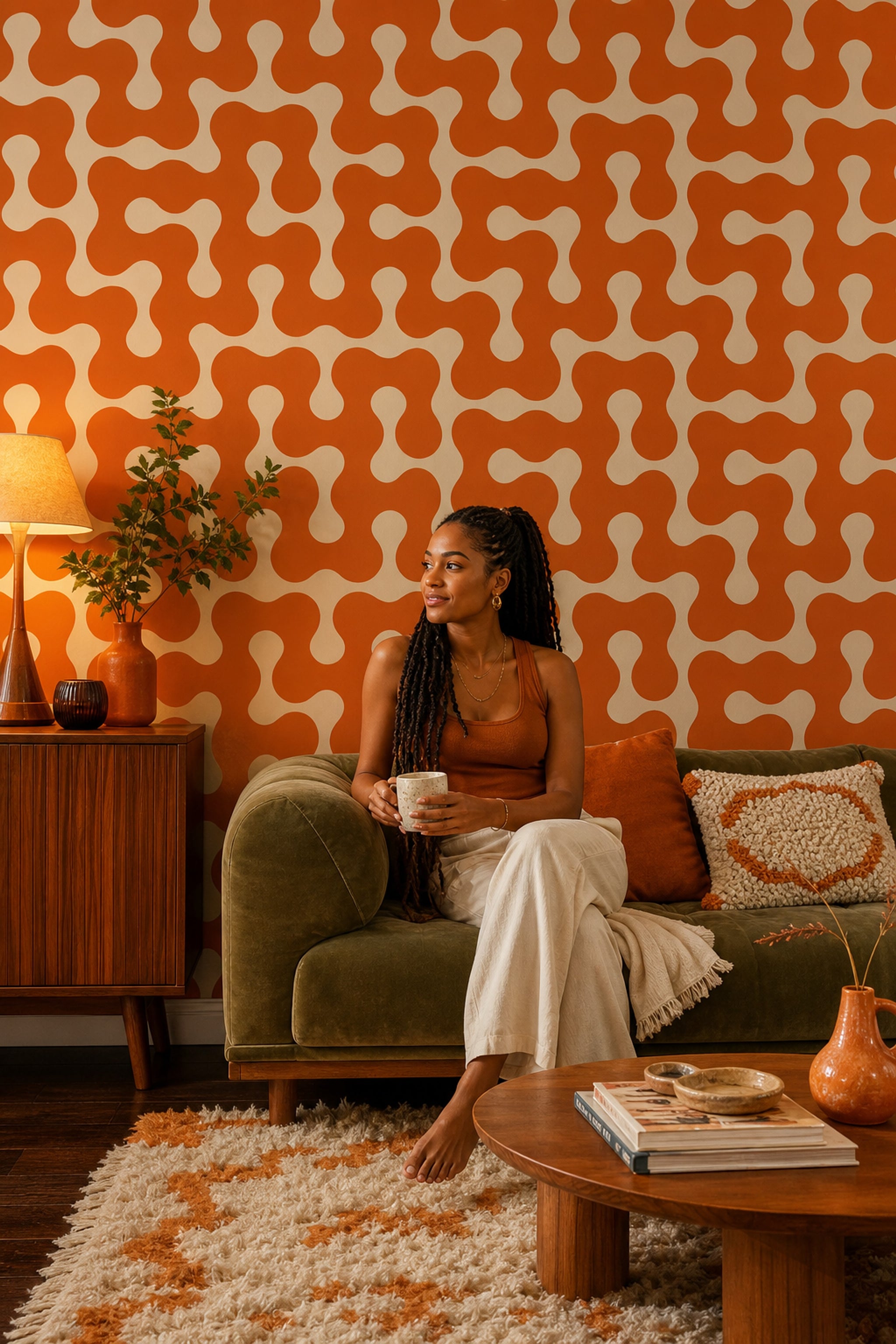 Mid Century Modern Wallpaper Retro Orange Removable Wall Decor