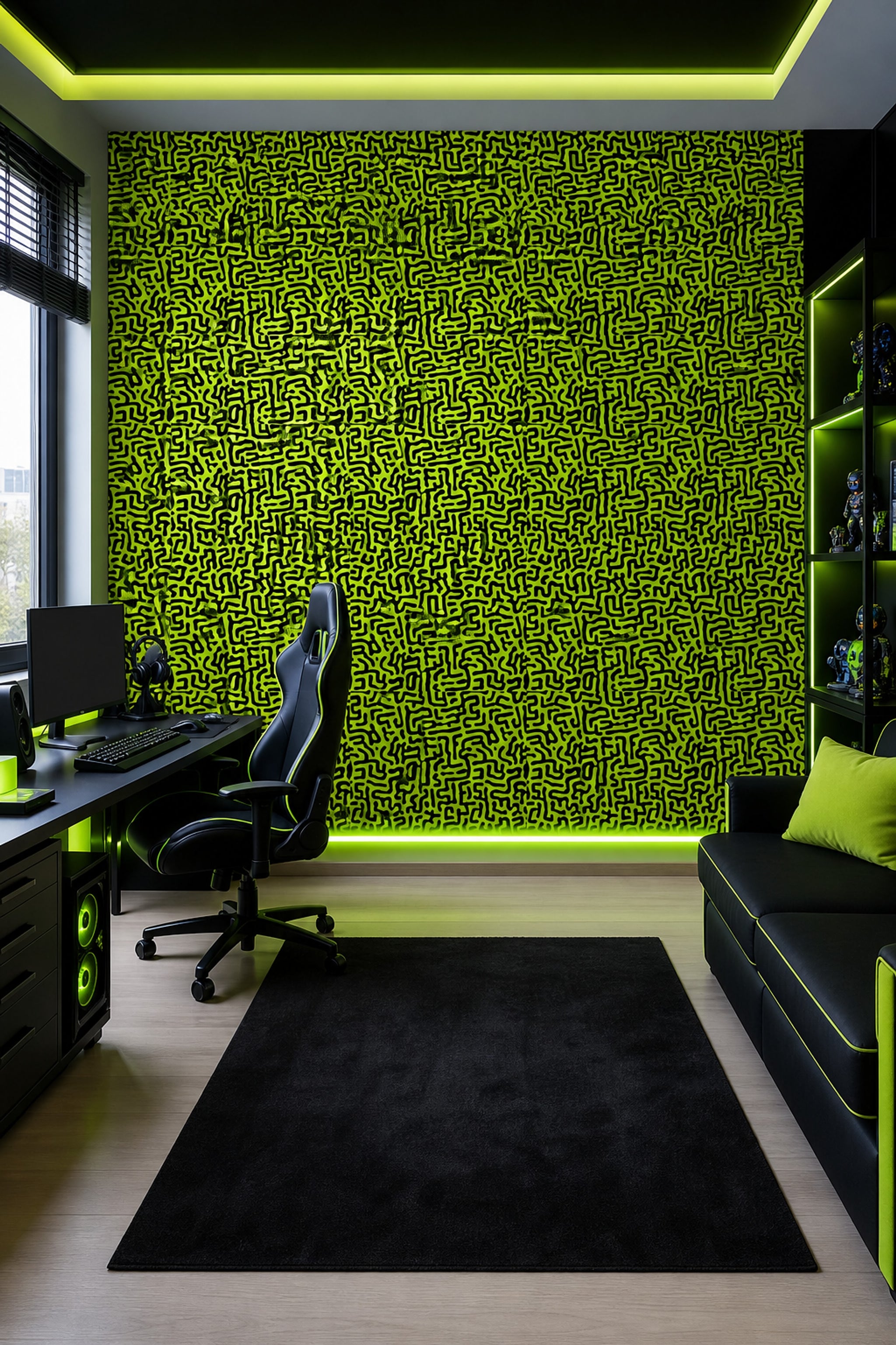 Labyrinth Wallpaper Neon Green Removable Black Squiggles Wall Double Roll