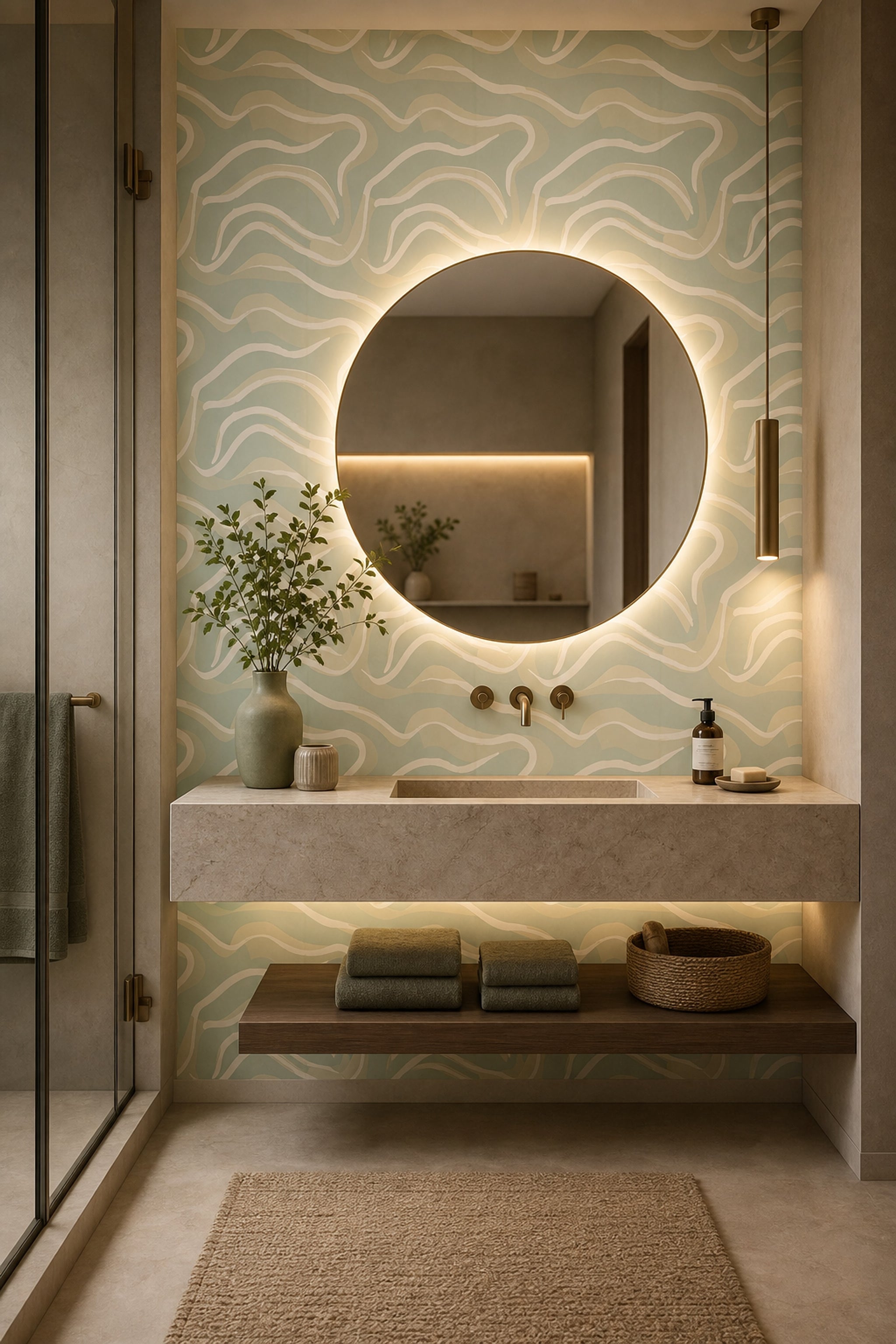 Abstract Waves Wallpaper Sage Green Organic Curves Decorative Mural