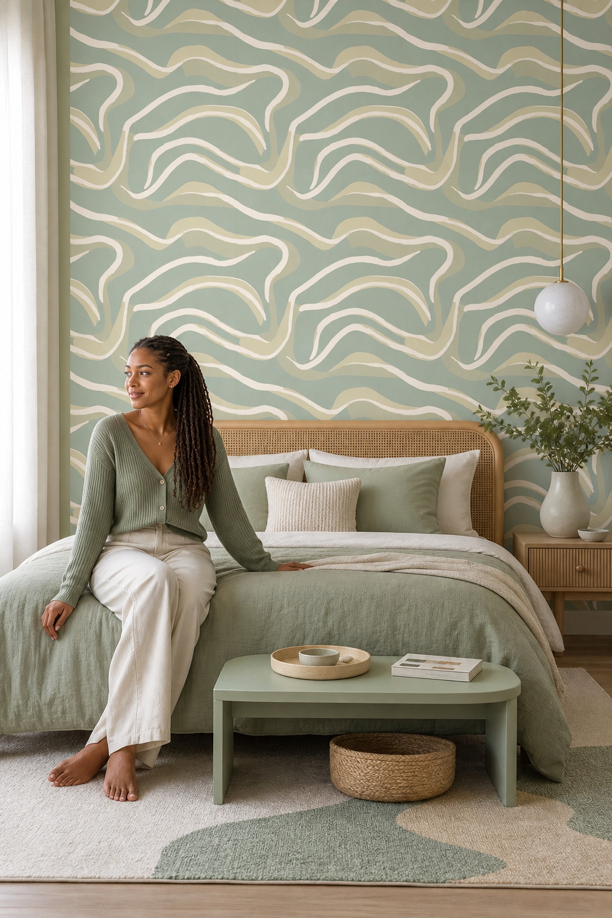 Abstract Waves Wallpaper Sage Green Organic Curves Decorative Mural