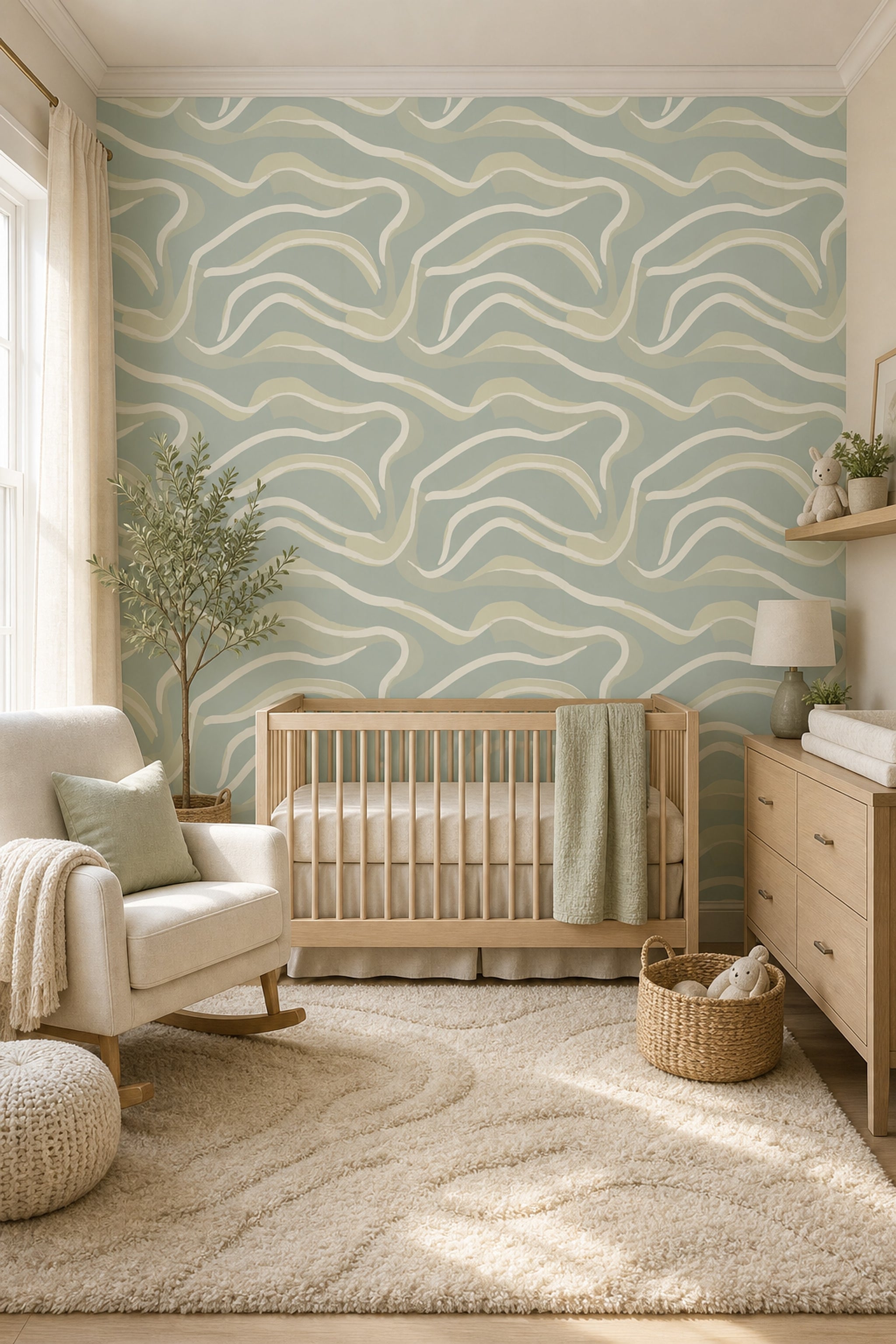 Abstract Waves Wallpaper Sage Green Organic Curves Decorative Mural