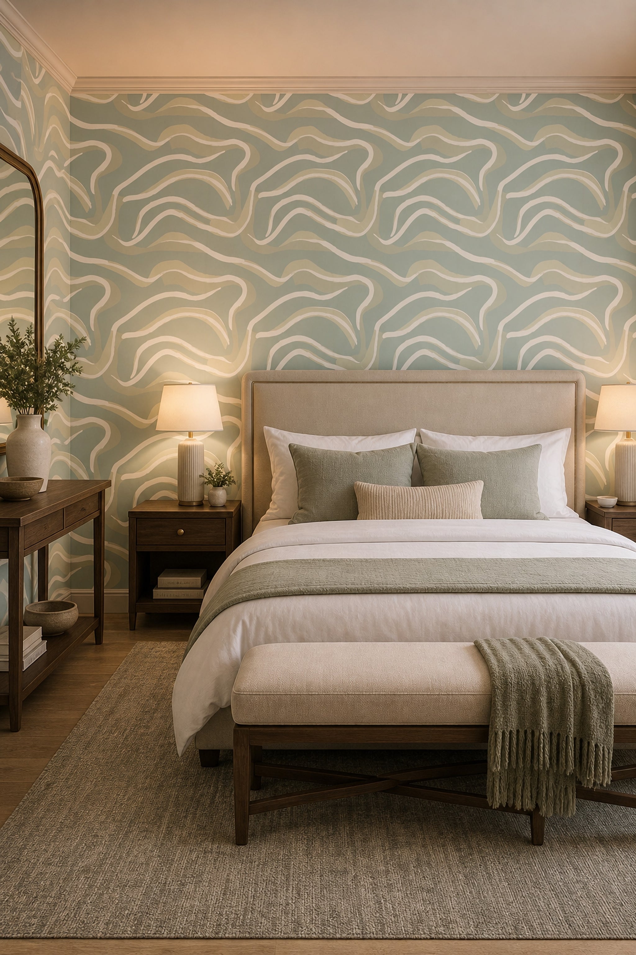 Abstract Waves Wallpaper Sage Green Organic Curves Decorative Mural