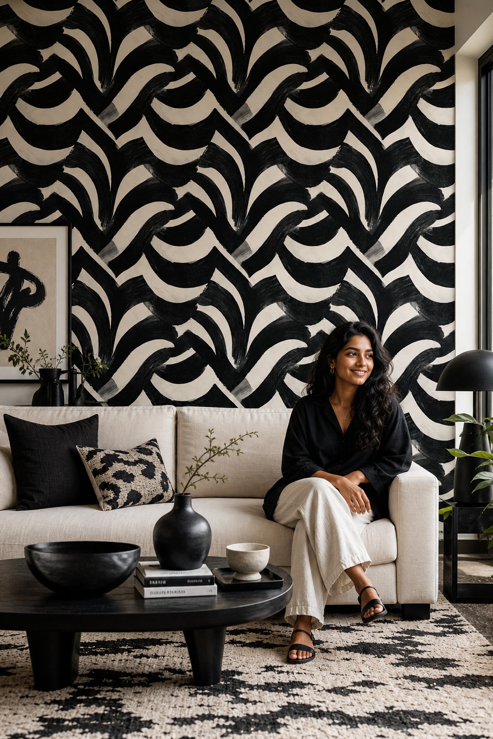 Black And Cream Wallpaper Bold Brushstrokes Graphic Modern Decorative Mural