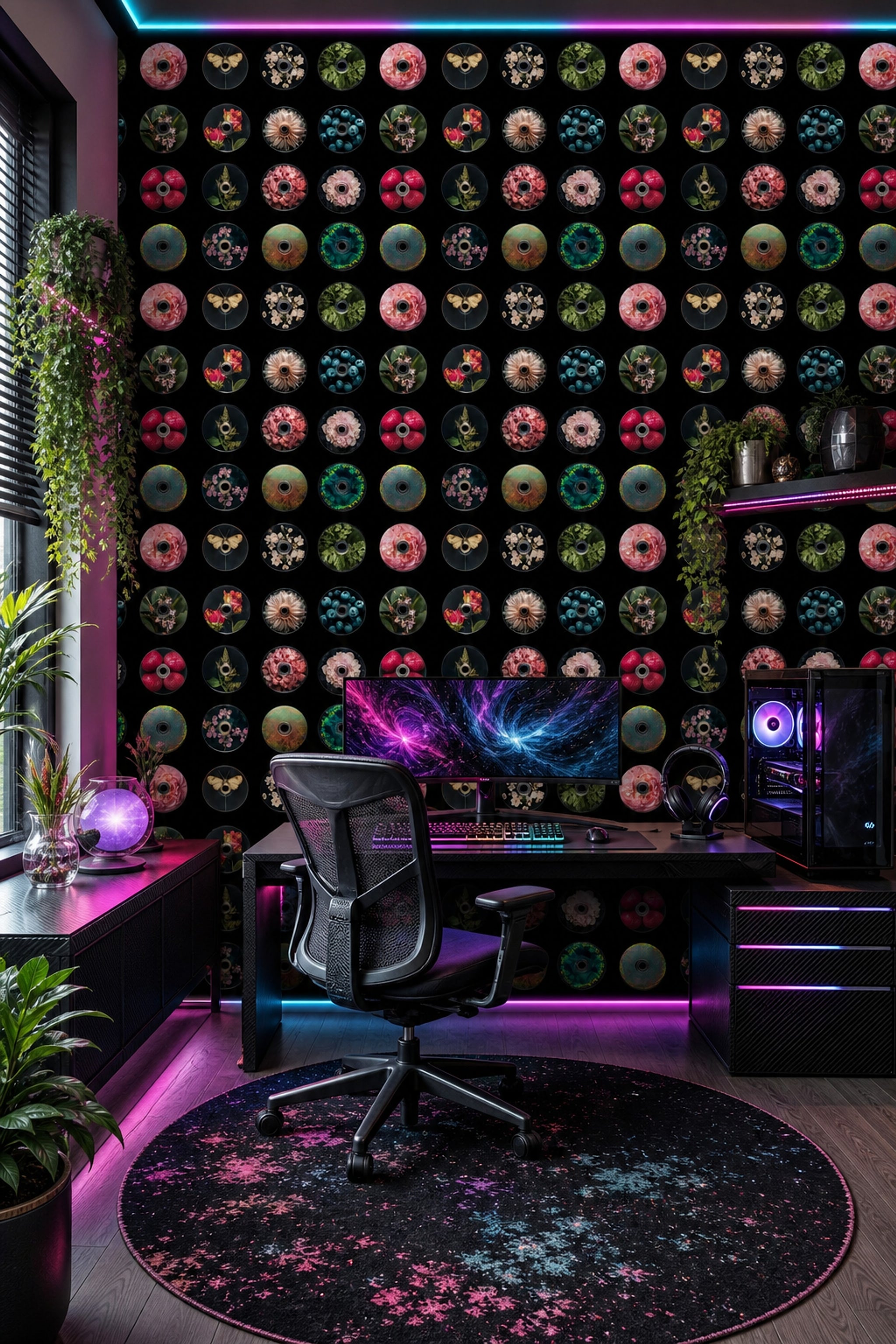 CD Discs Wallpaper Floral Collage Iridescent Holographic Decorative Mural