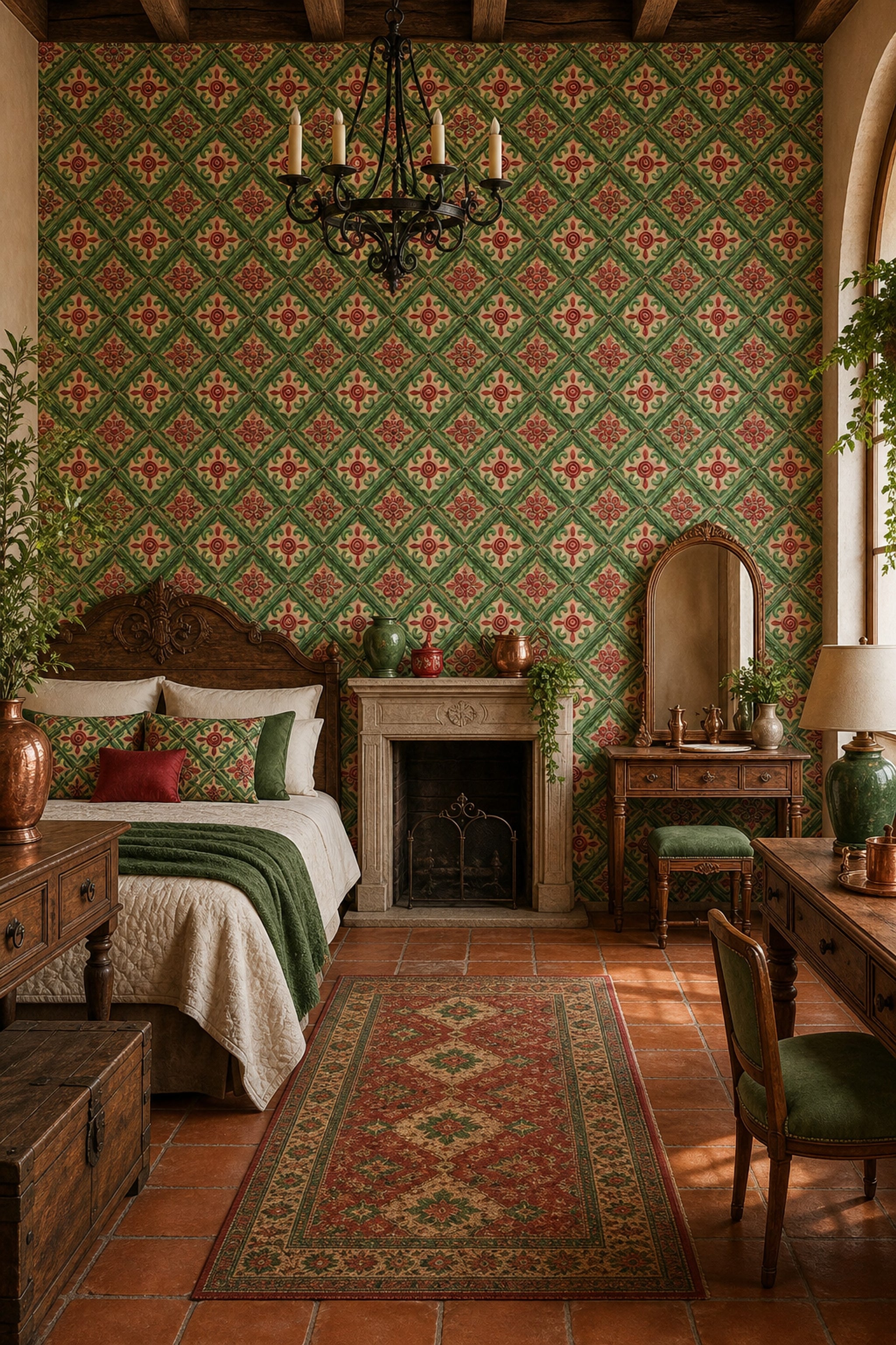 Ornamental Tile Wallpaper Raised Relief Green Lattice Removable Wall Decor
