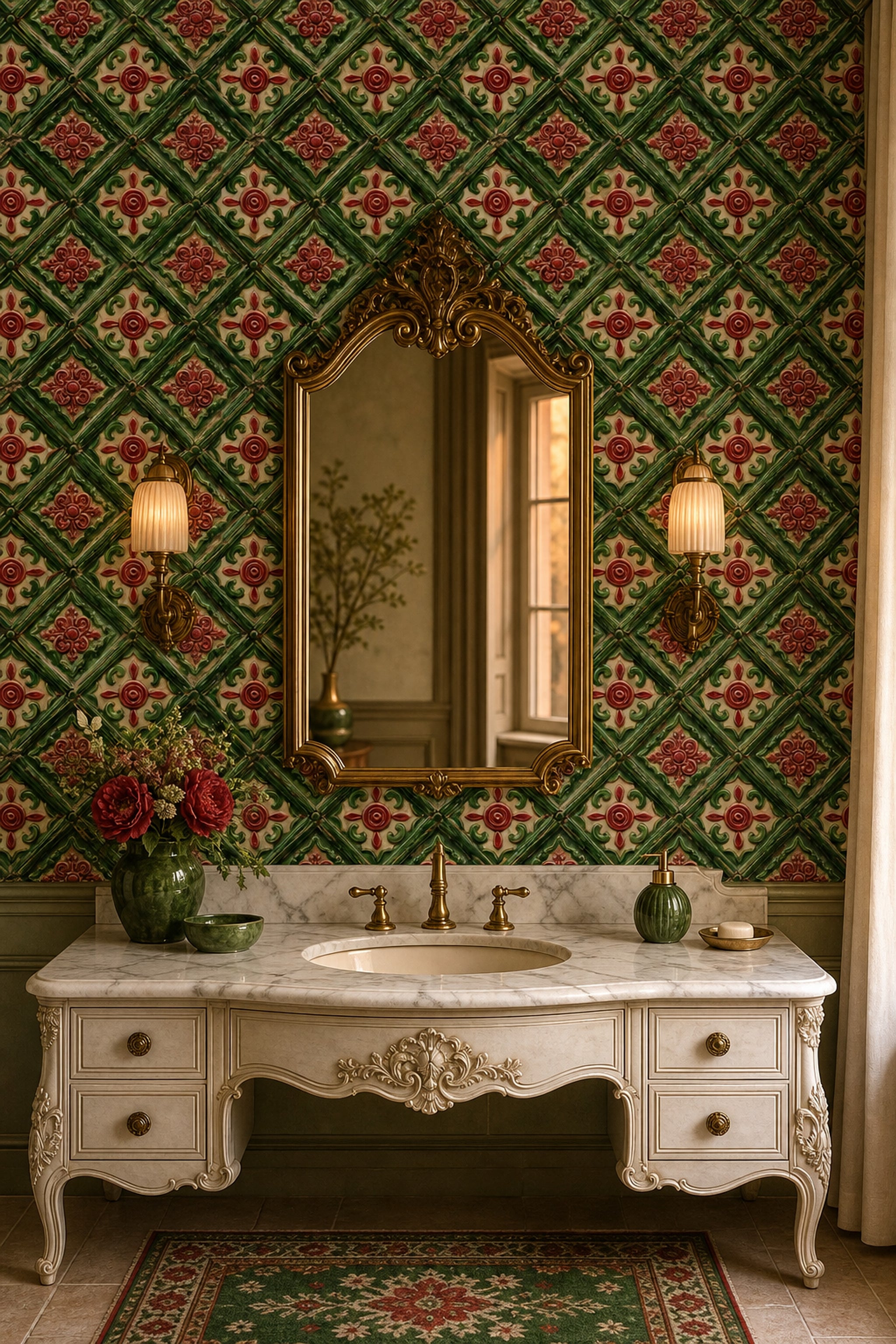 Ornate Tile Wallpaper Green Lattice Red Rosette Decorative Mural