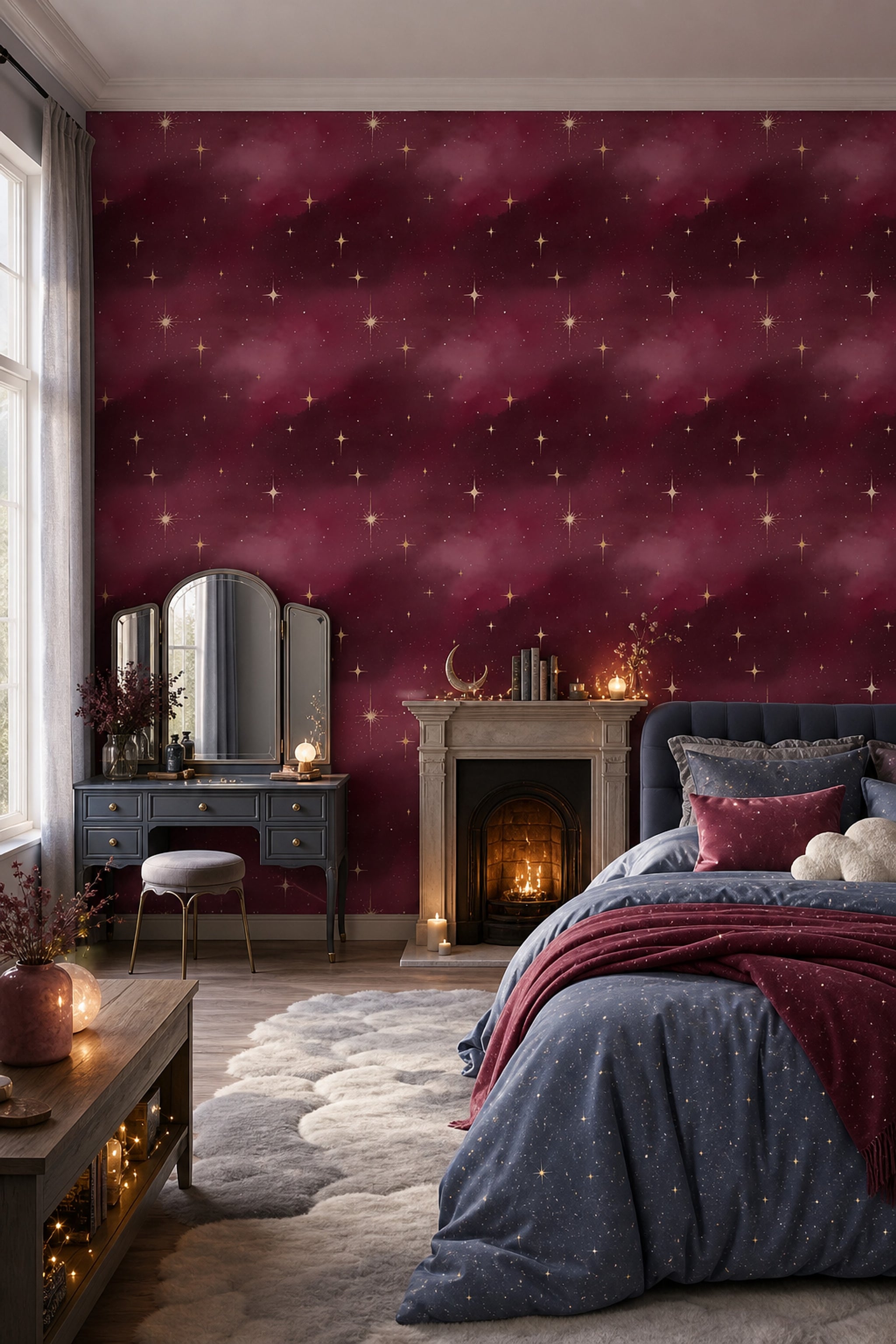 Dark Celestial Wallpaper Night Sky Removable Gold Starburst Wall Double Roll