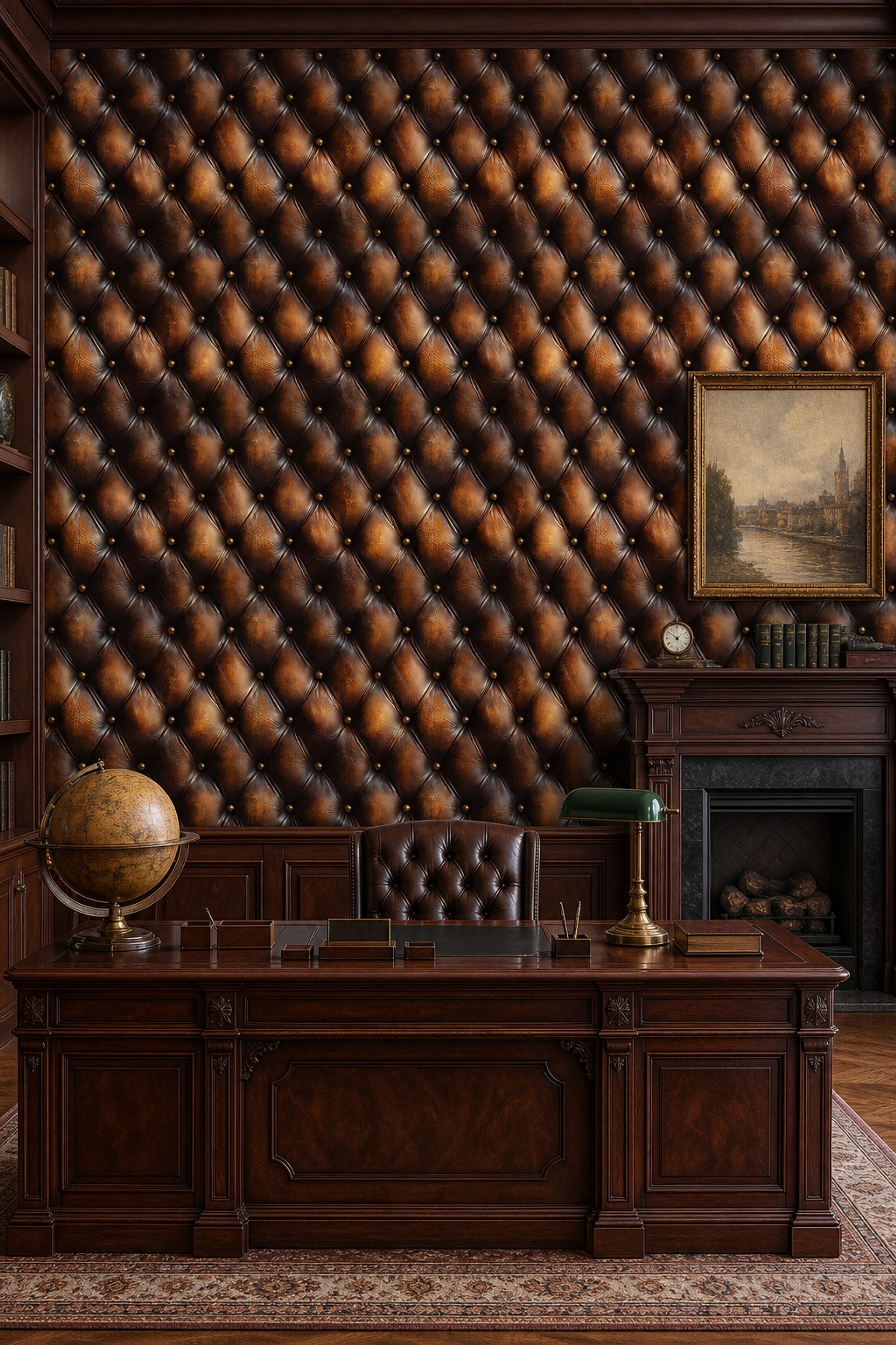 Dark Tufted Leather Wallpaper Diamond Quilted Chesterfield Style Decorative Mural