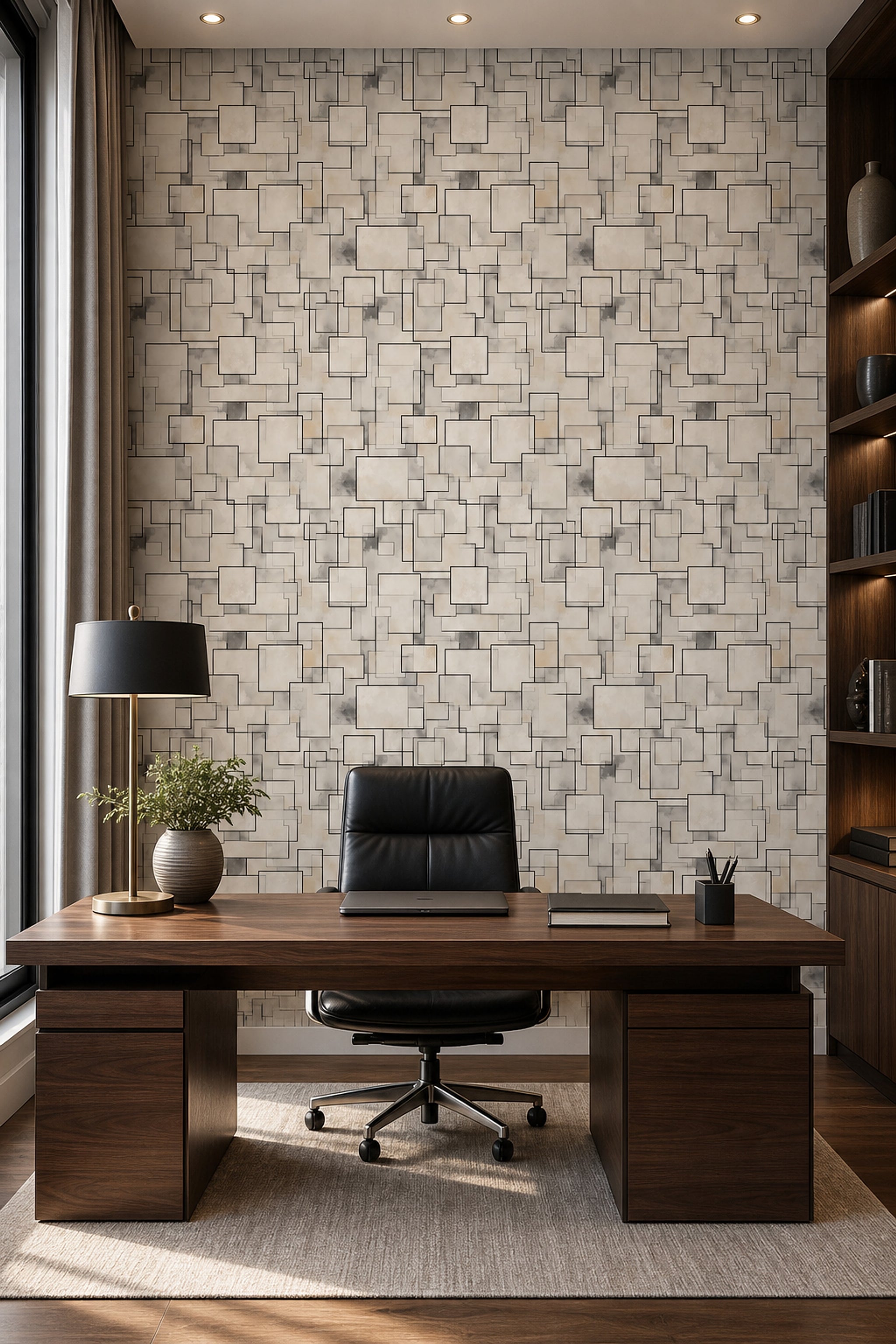 Abstract Geometric Wallpaper Overlapping Rectangles Black Outline Decorative Mural