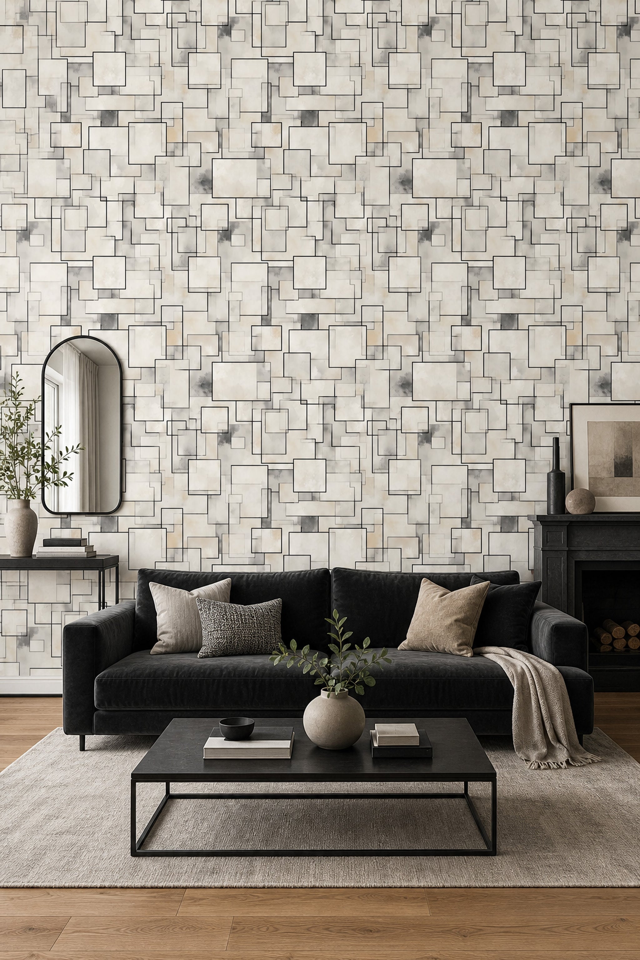 Abstract Geometric Wallpaper Overlapping Rectangles Black Outline Decorative Mural
