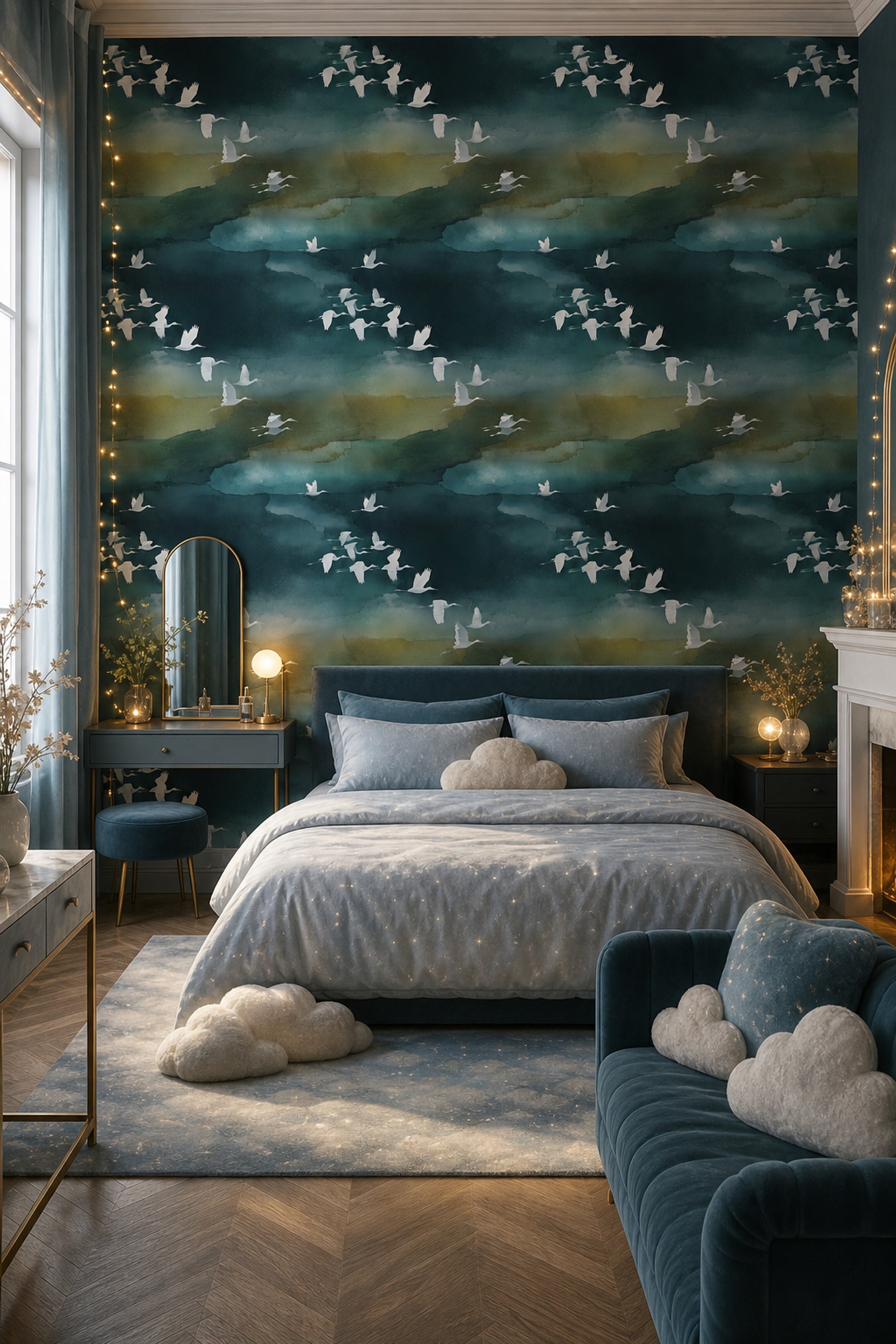 Dark Teal Wallpaper Watercolor Wash Flying Birds Removable Wall Decor