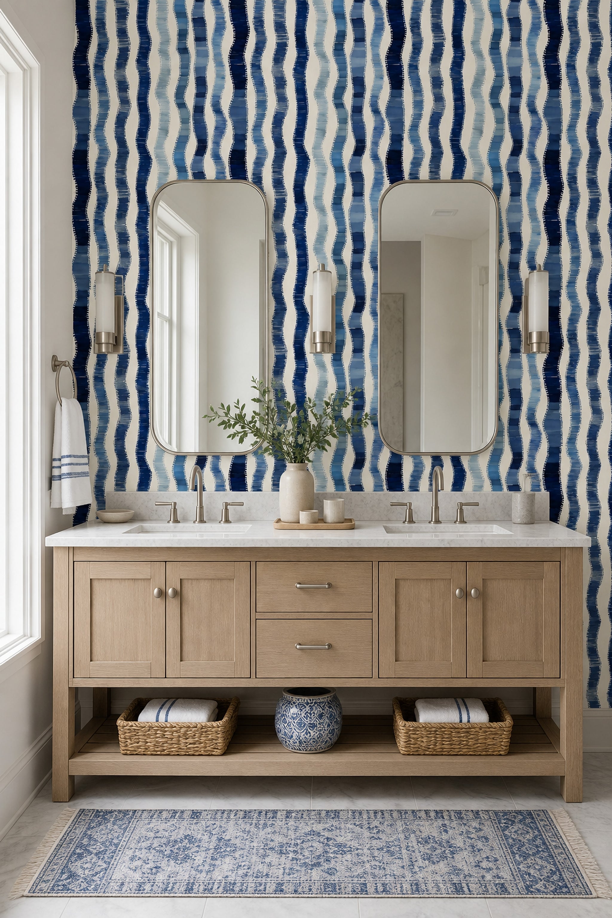 Blue Watercolor Stripes Wallpaper Abstract Wavy Vertical Bands Coastal Nautical Removable Wall Decor