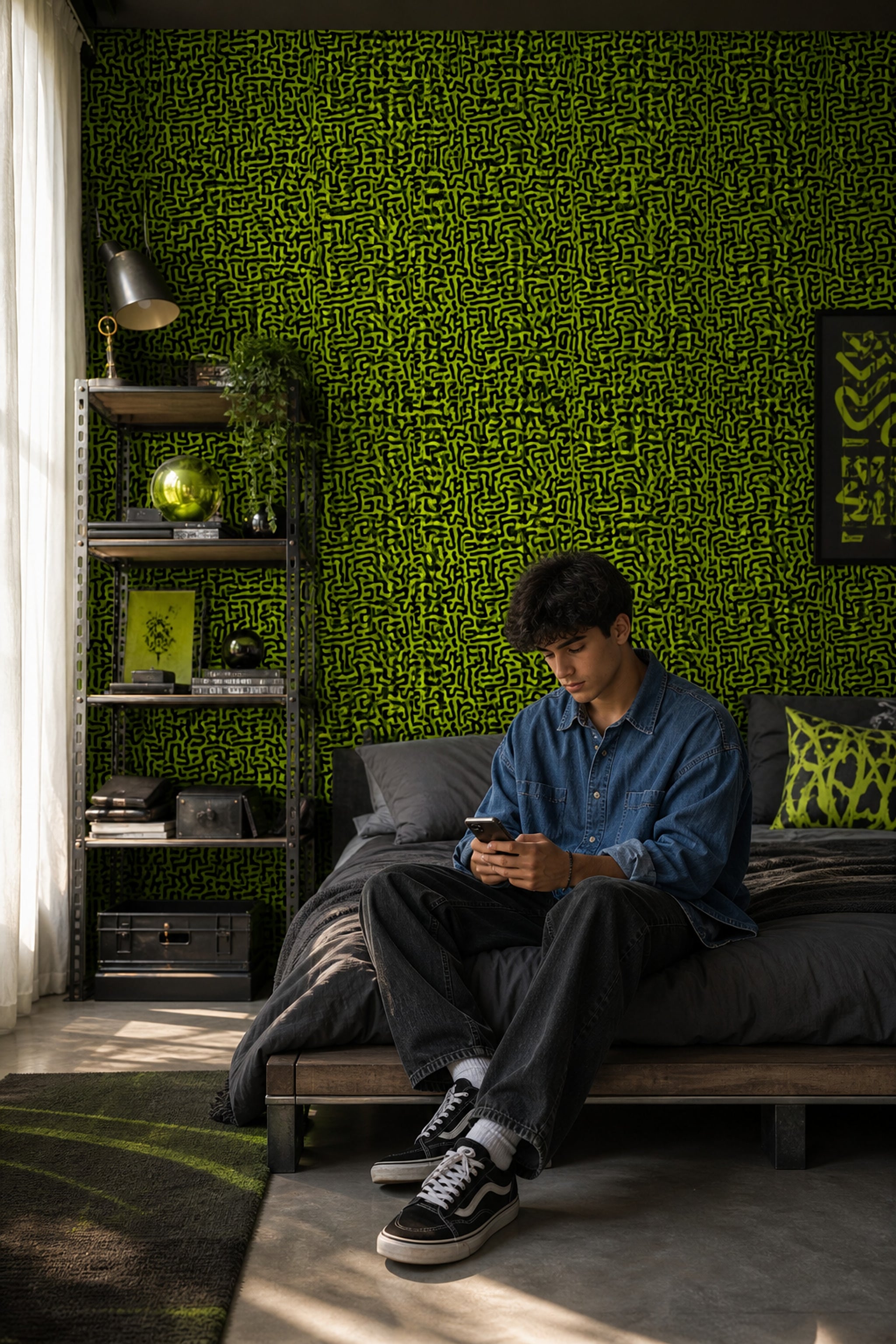 Labyrinth Wallpaper Neon Green Removable Black Squiggles Wall Double Roll