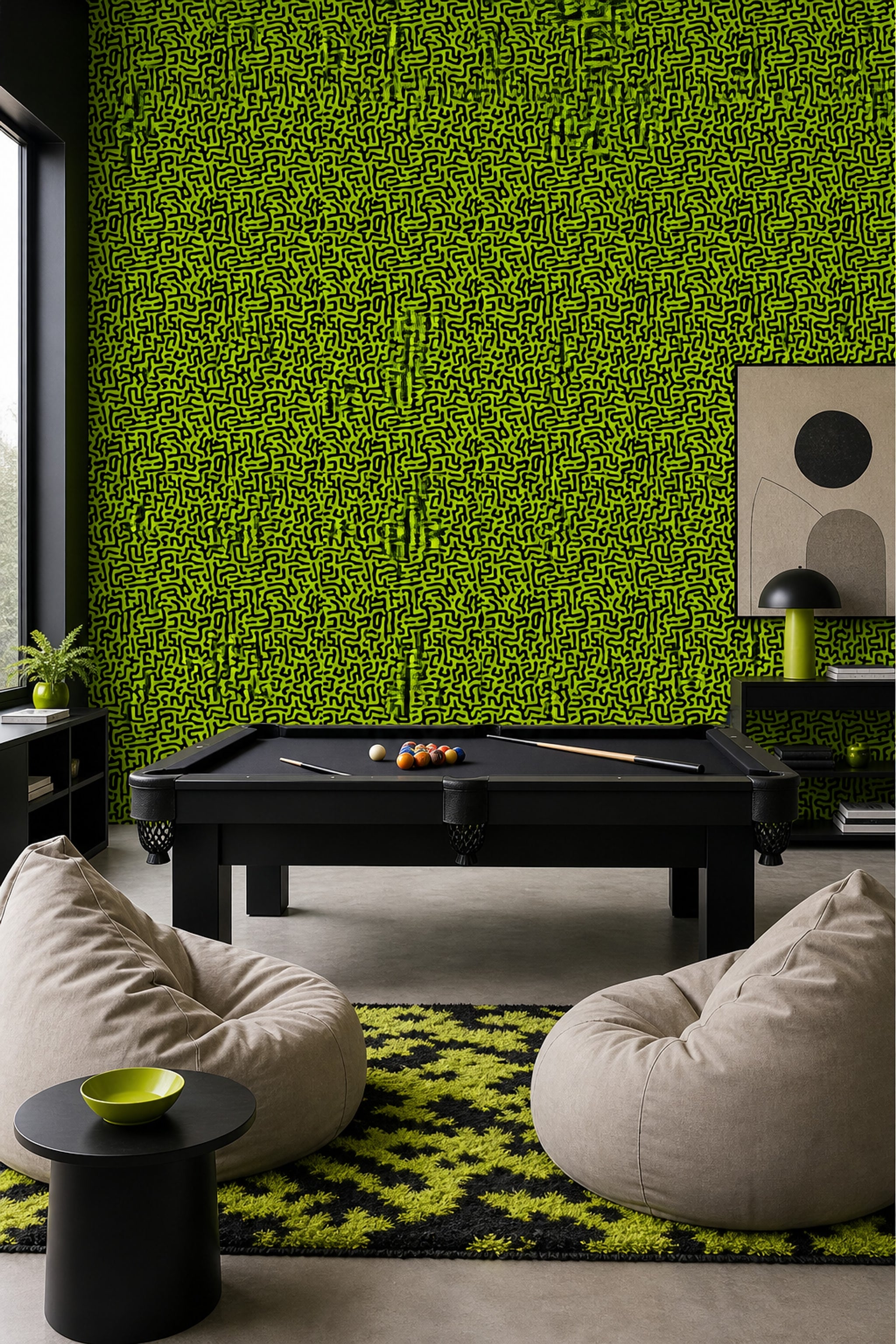 Labyrinth Wallpaper Neon Green Removable Black Squiggles Wall Double Roll