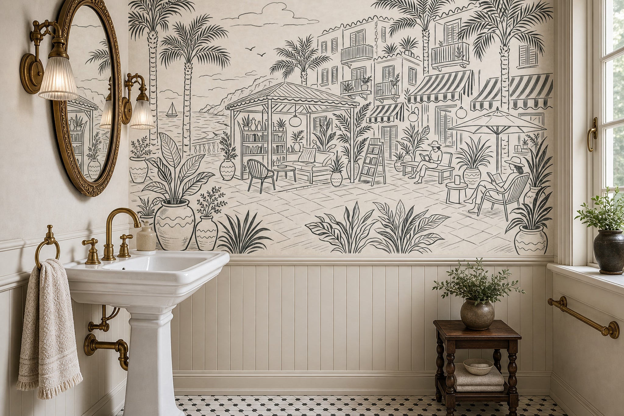 Mediterranean Coastal Terrace Wallpaper Seaside Resort Removable Palm Trees Wall Decor