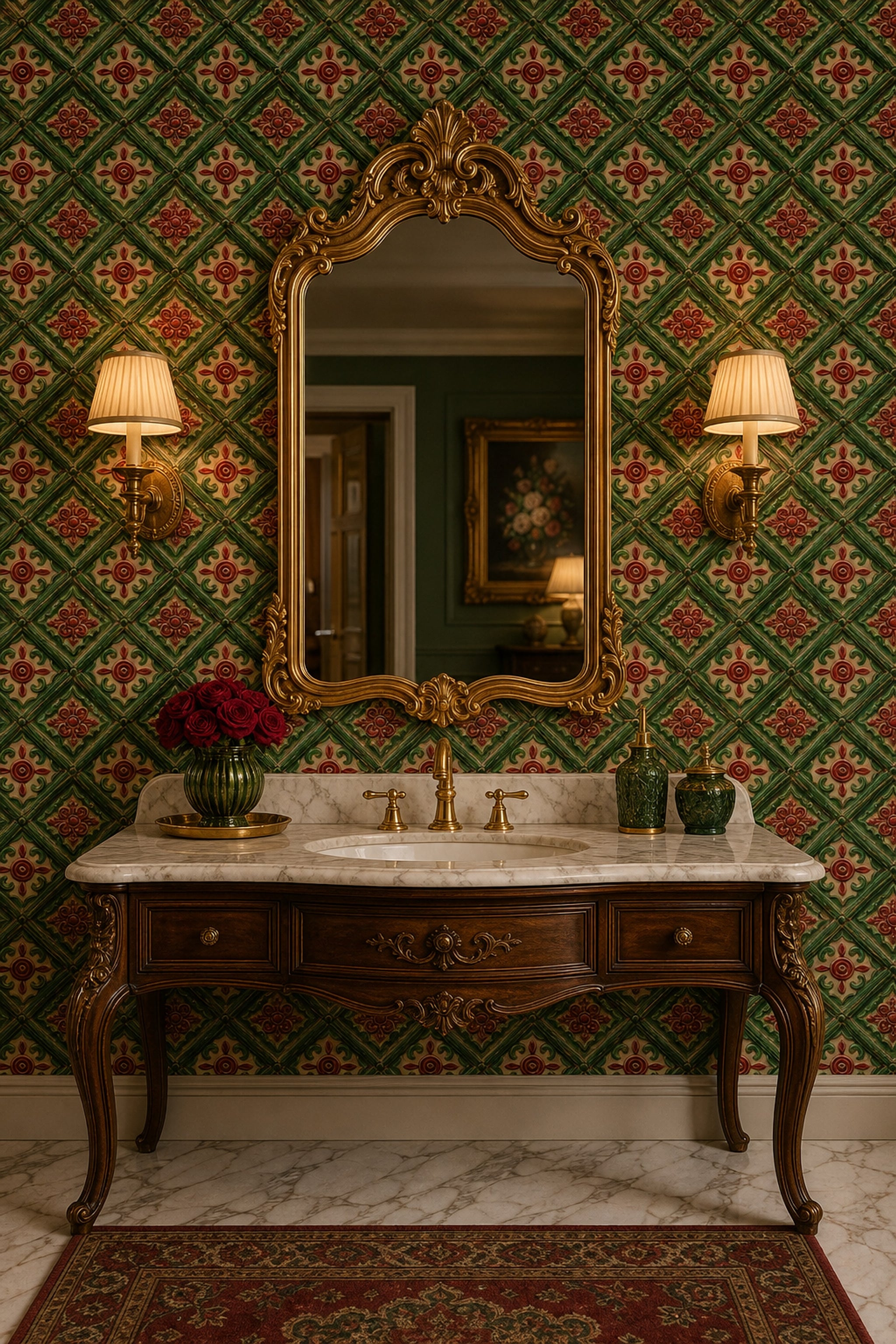 Ornate Tile Wallpaper Green Lattice Red Rosette Decorative Mural