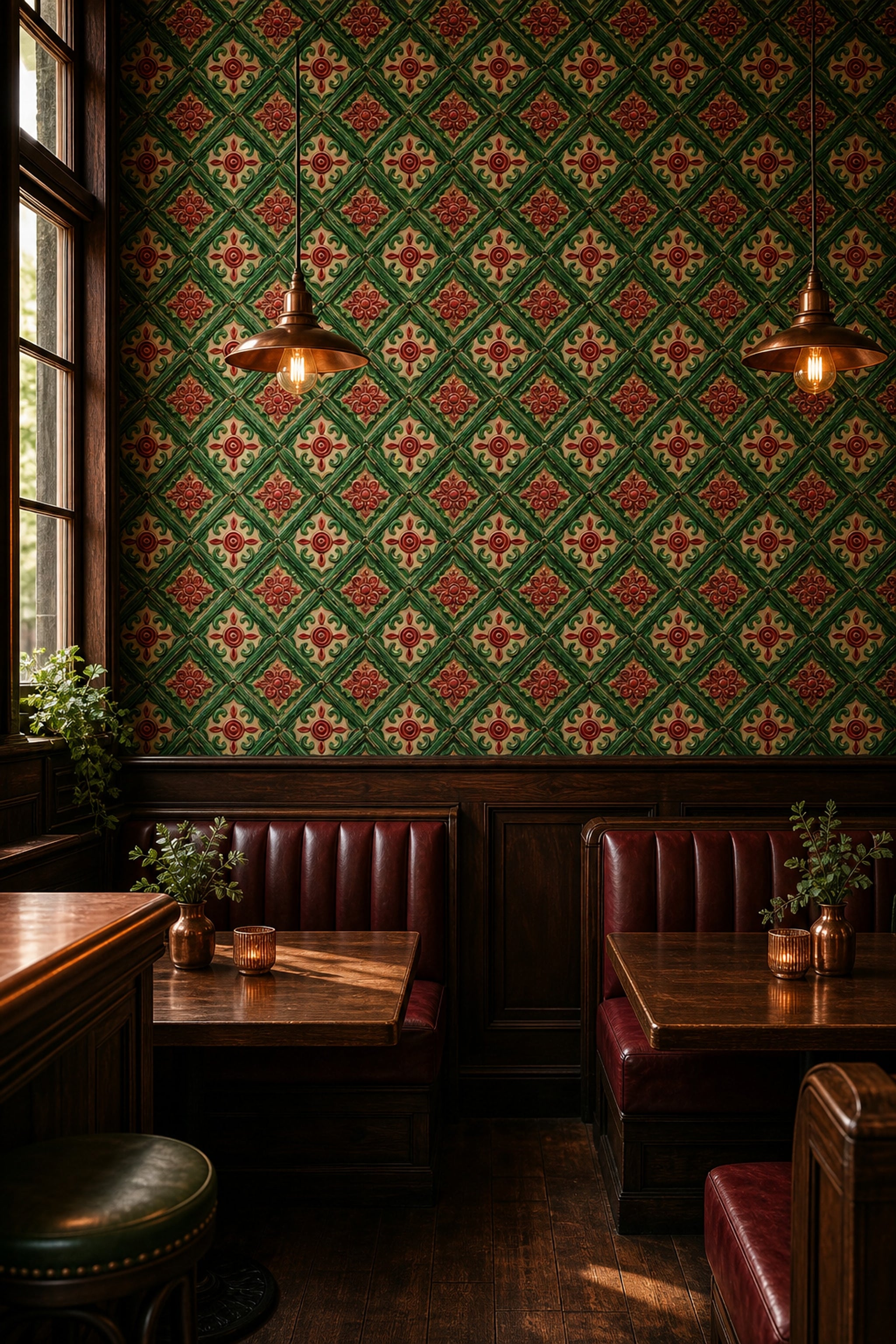Ornate Tile Wallpaper Green Lattice Red Rosette Decorative Mural