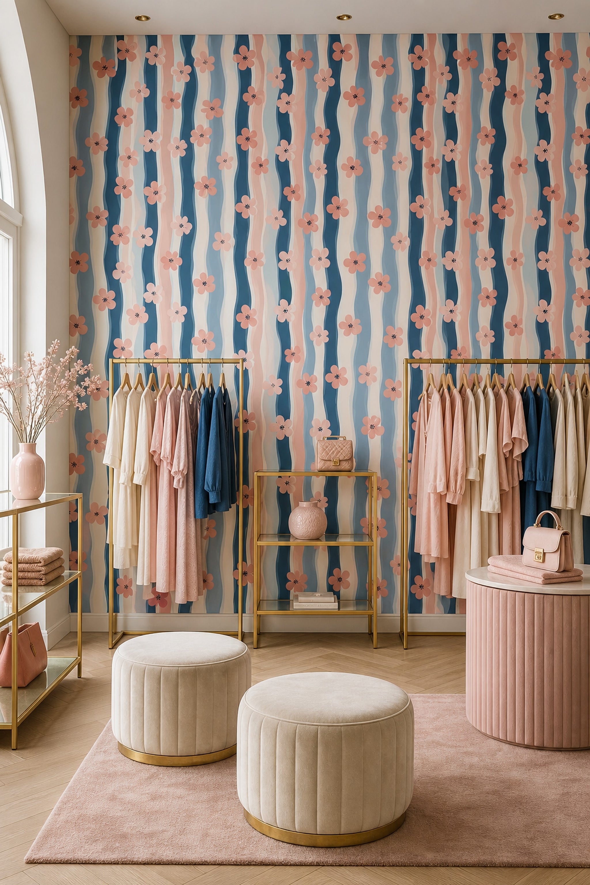Pink Blossoms Wallpaper Wavy Stripes Modern Decorative Mural