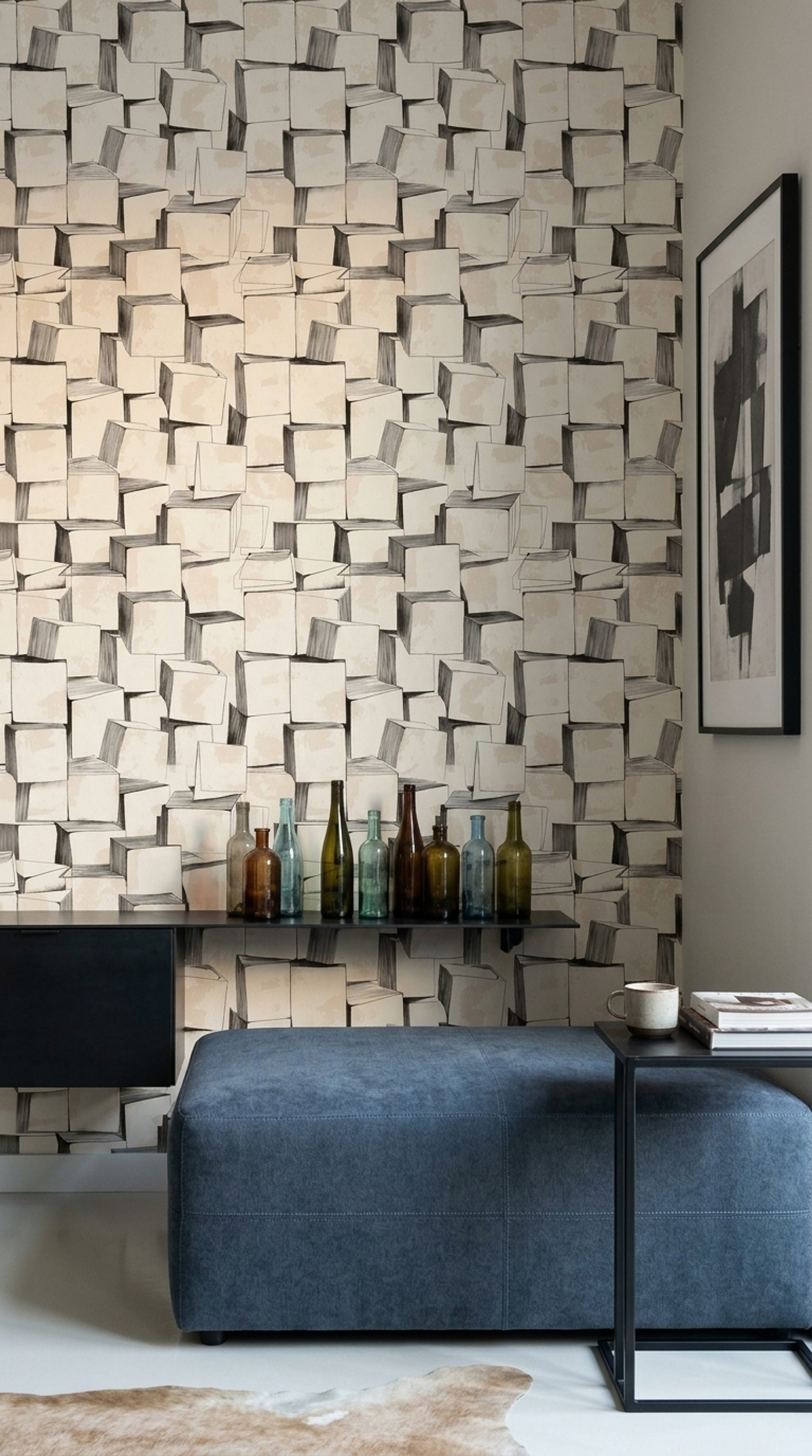 Stacked Cubes Wallpaper 3D Blocks Removable Black Ink Linework Wall Double Roll