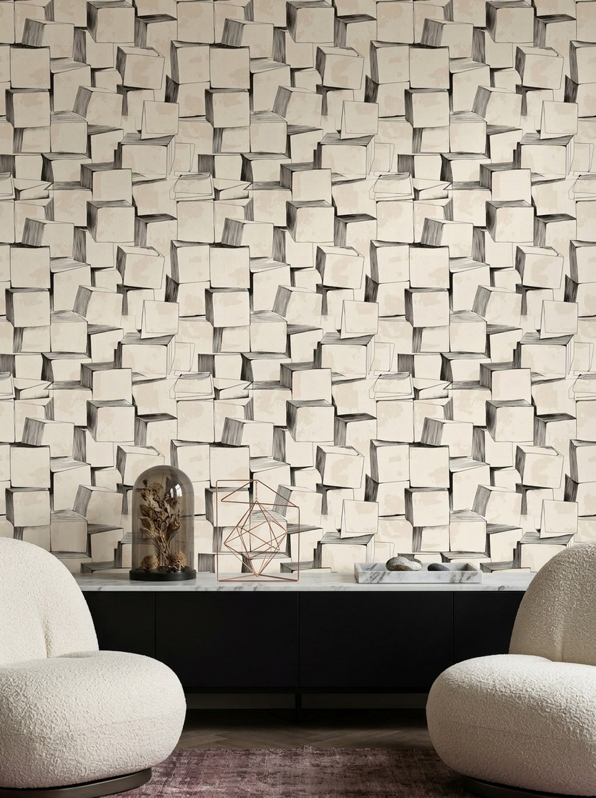 Stacked Cubes Wallpaper 3D Blocks Removable Black Ink Linework Wall Double Roll