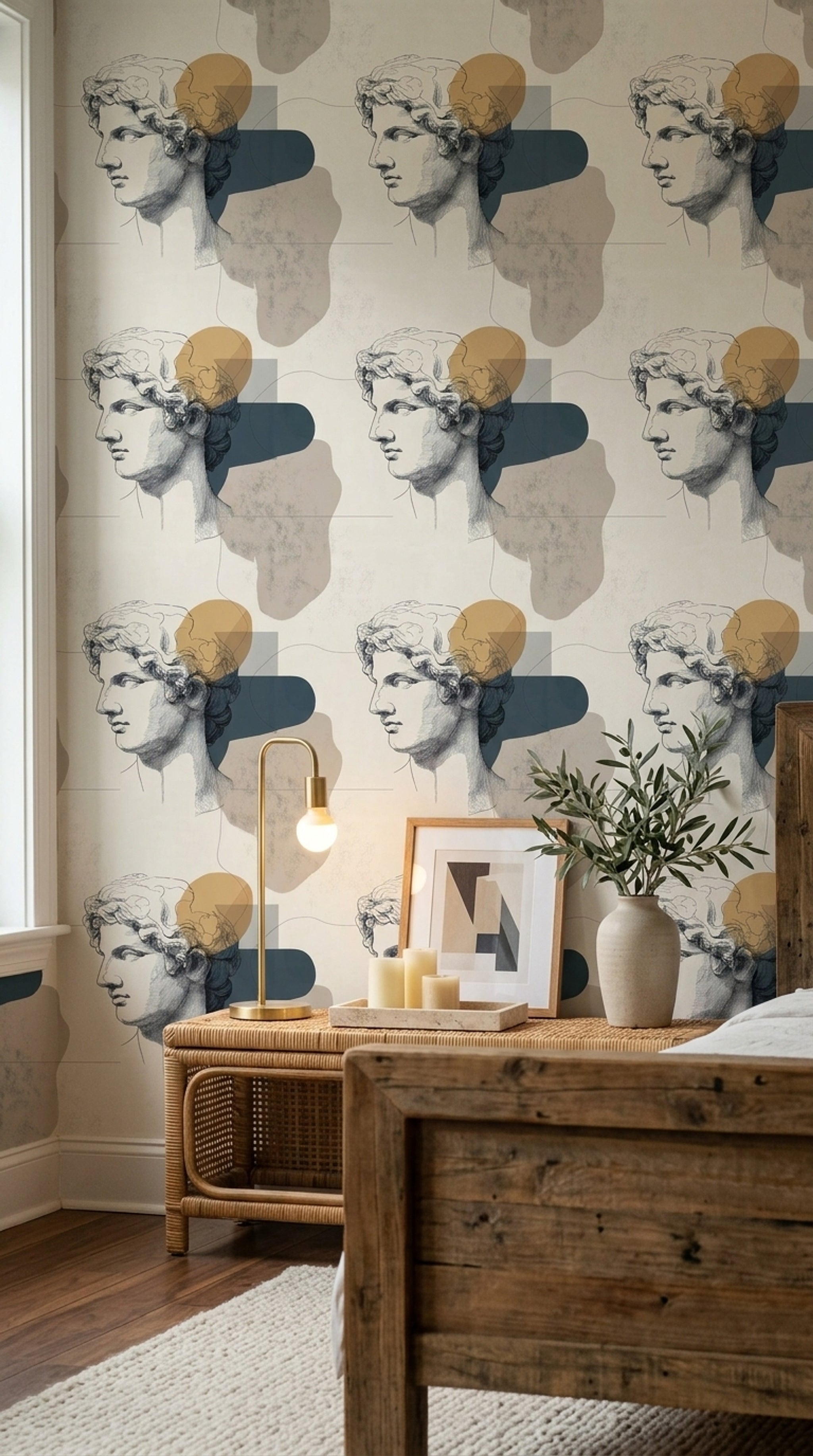 Classical Bust Wallpaper Greco Roman Statue Removable Abstract Shapes Wall Double Roll