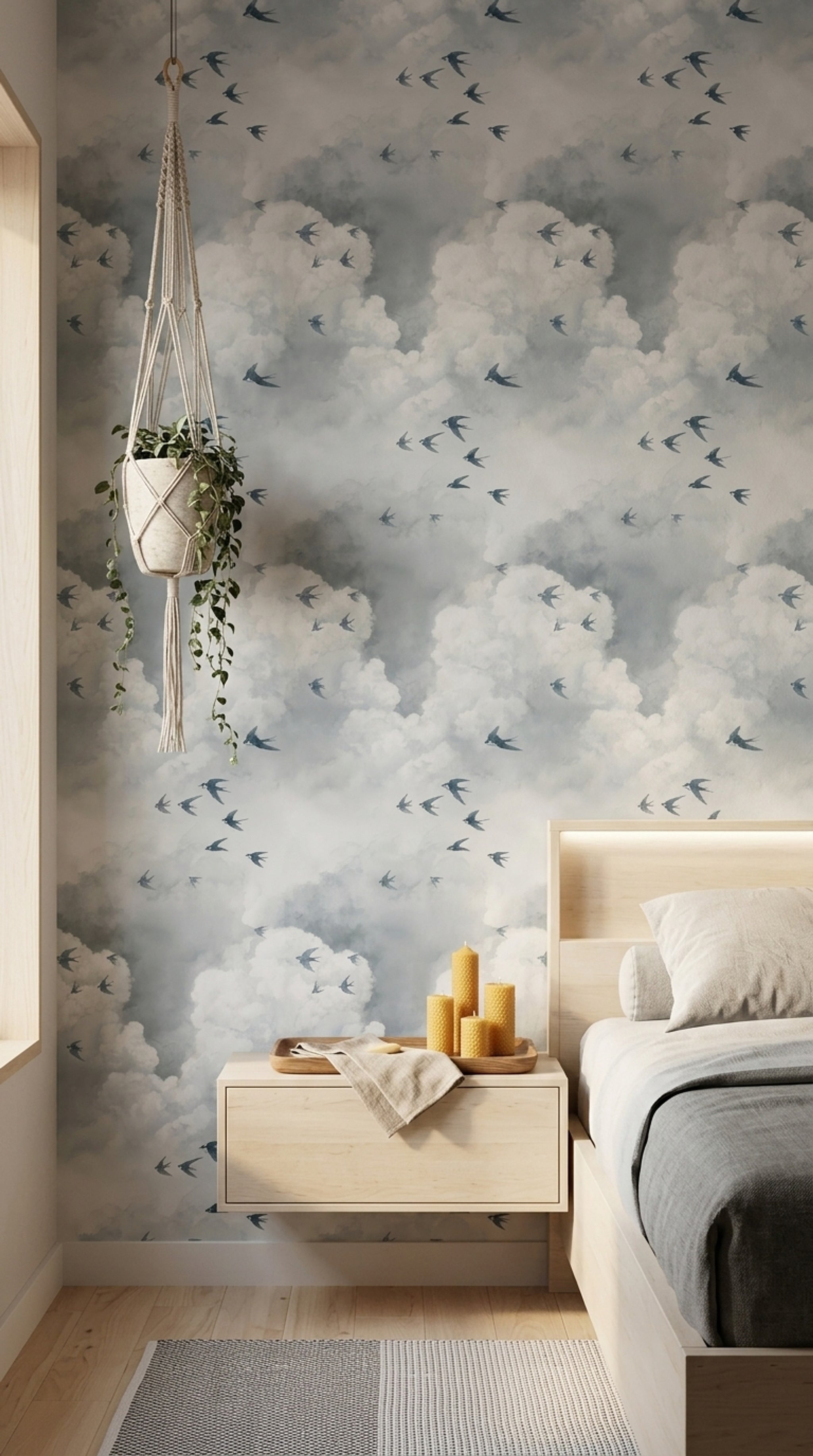 Cloudscape Wallpaper Swallows Watercolor Decorative Mural