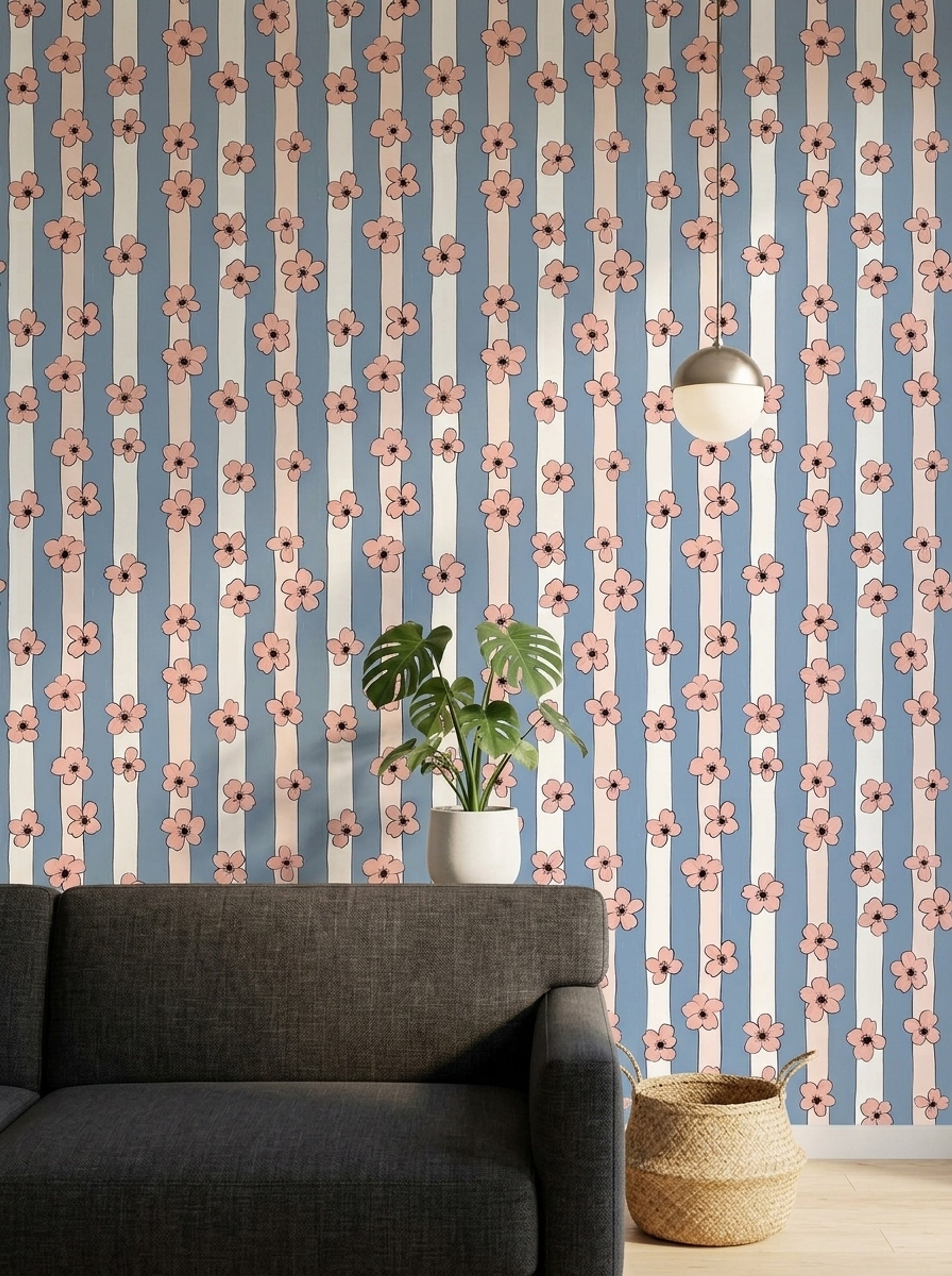 Peach Pink Blossoms Wallpaper Pastel Blue Removable Scandinavian Wall Double Roll