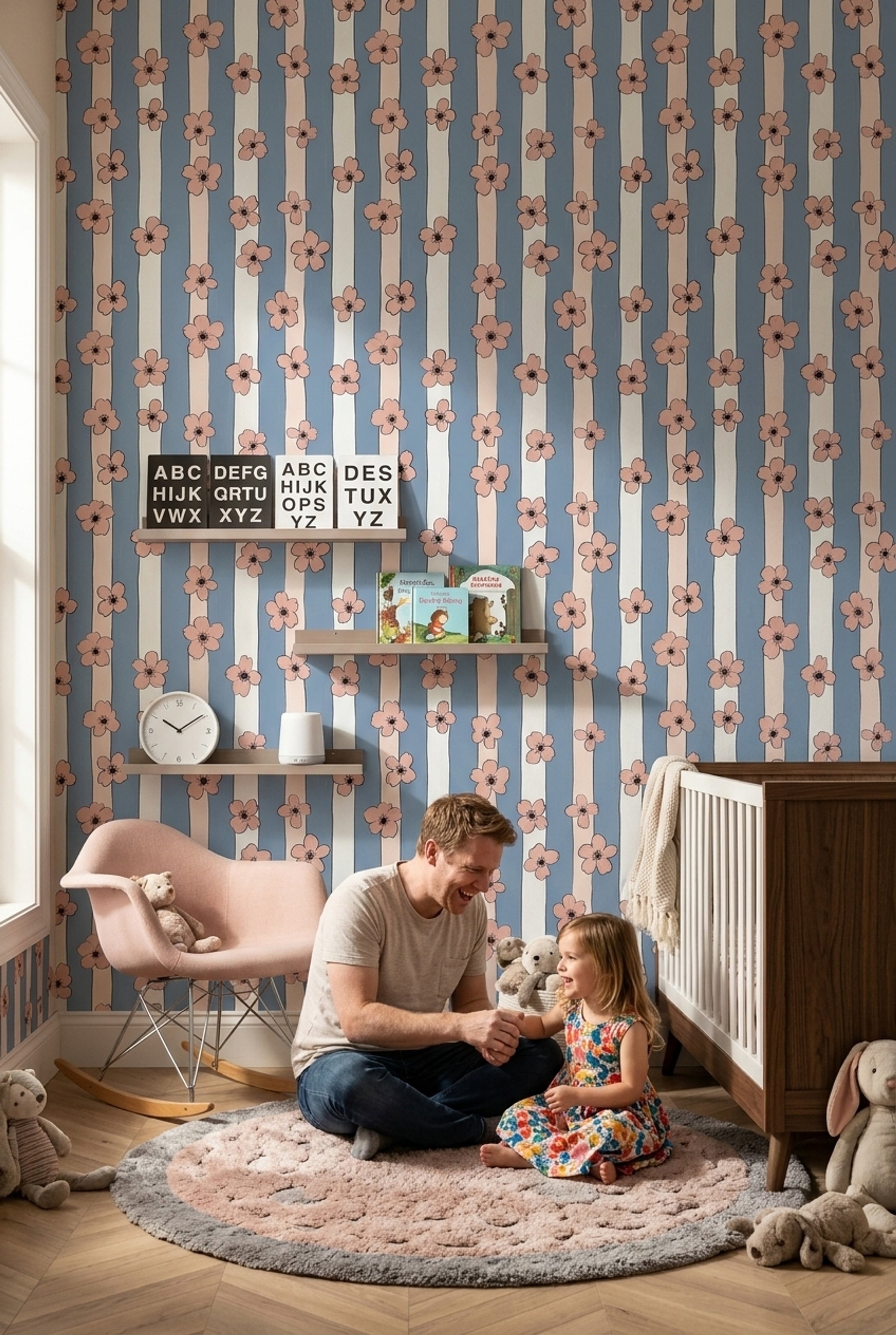 Peach Pink Blossoms Wallpaper Pastel Blue Removable Scandinavian Wall Double Roll