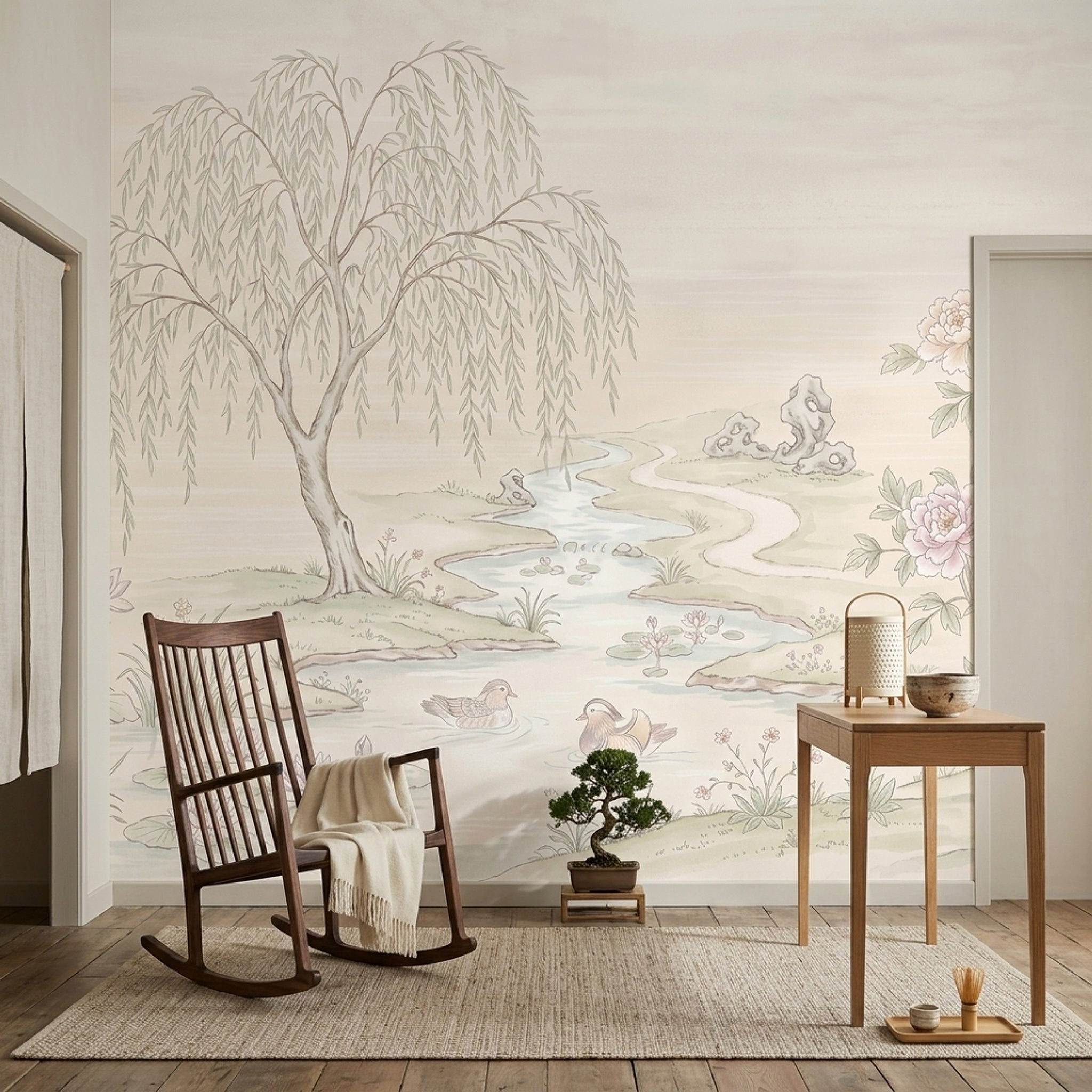 Pastel Landscape Wallpaper Willow Tree Winding River Wall Mural
