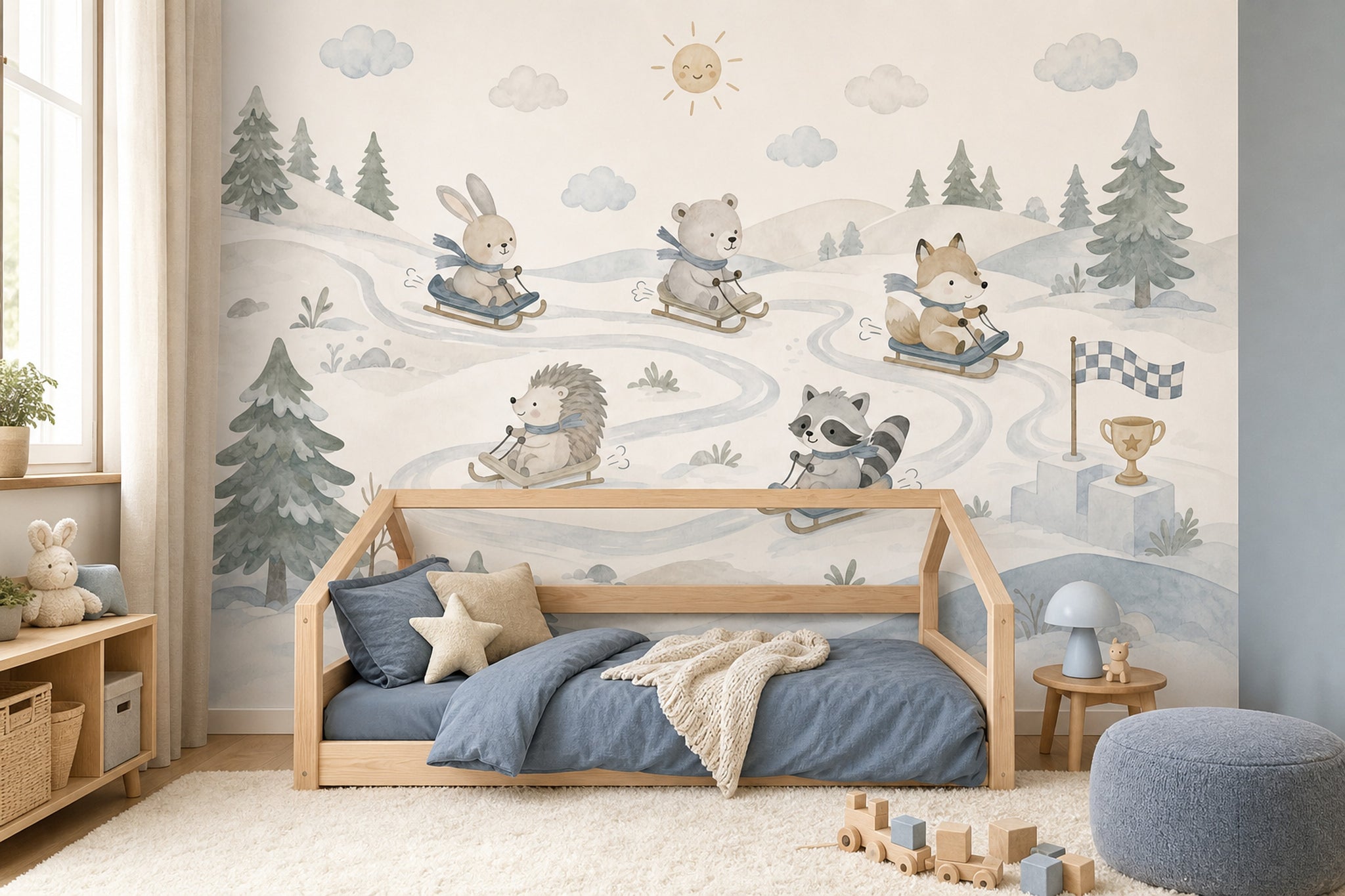 Winter Landscape Wallpaper Watercolor Removable Woodland Animals Wall Decor