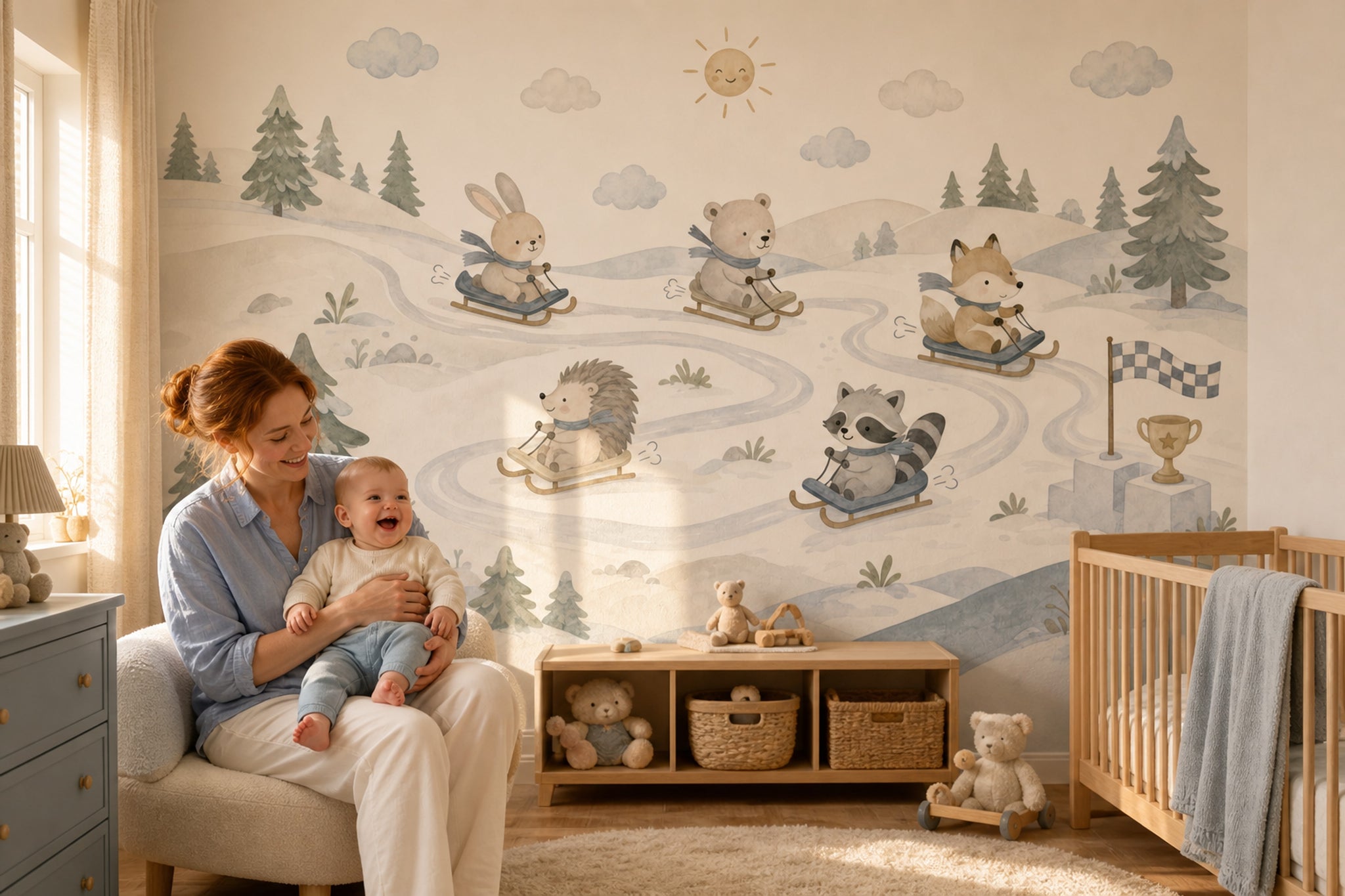 Winter Landscape Wallpaper Watercolor Removable Woodland Animals Wall Decor