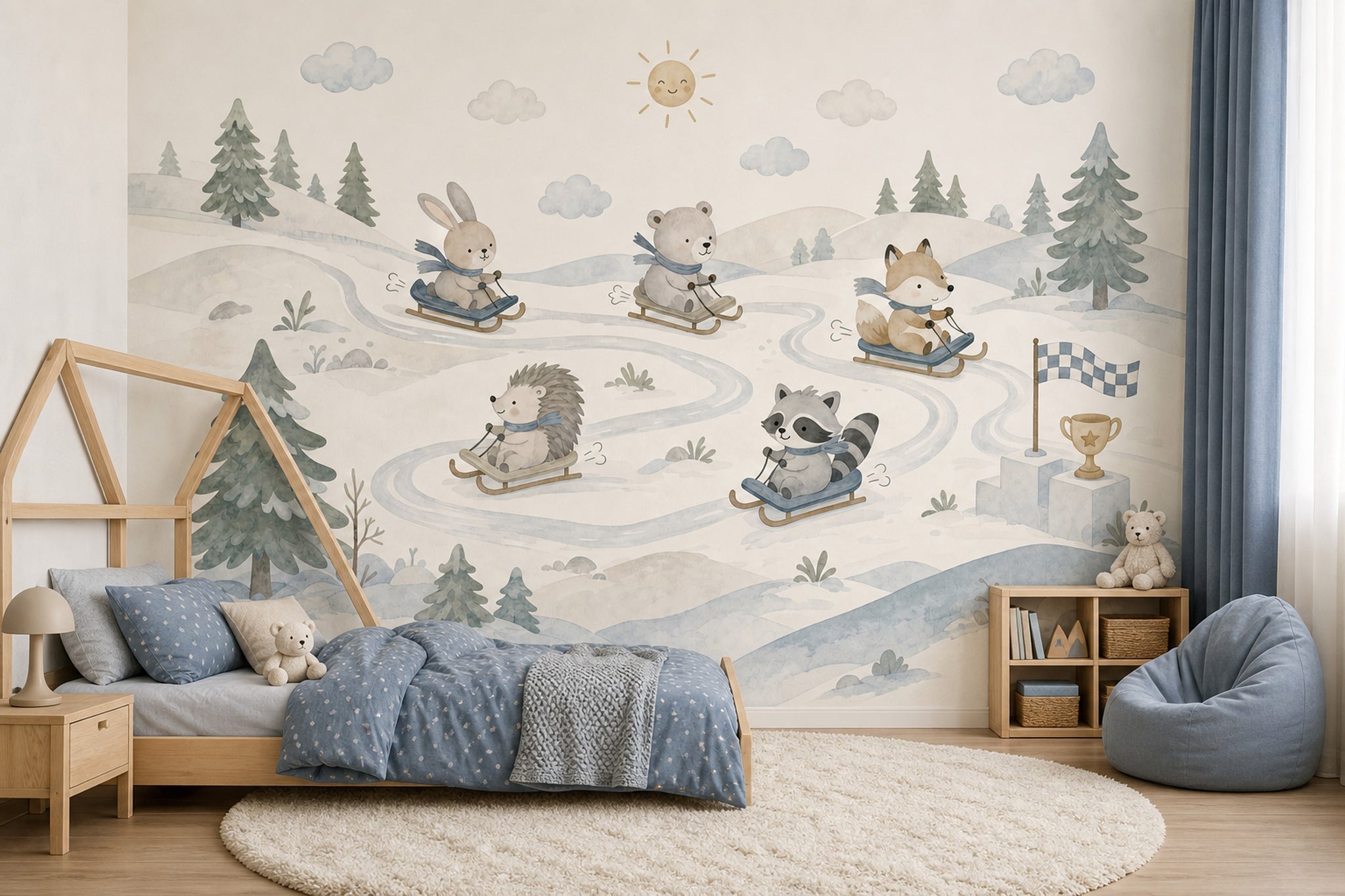 Winter Landscape Wallpaper Watercolor Removable Woodland Animals Wall Decor