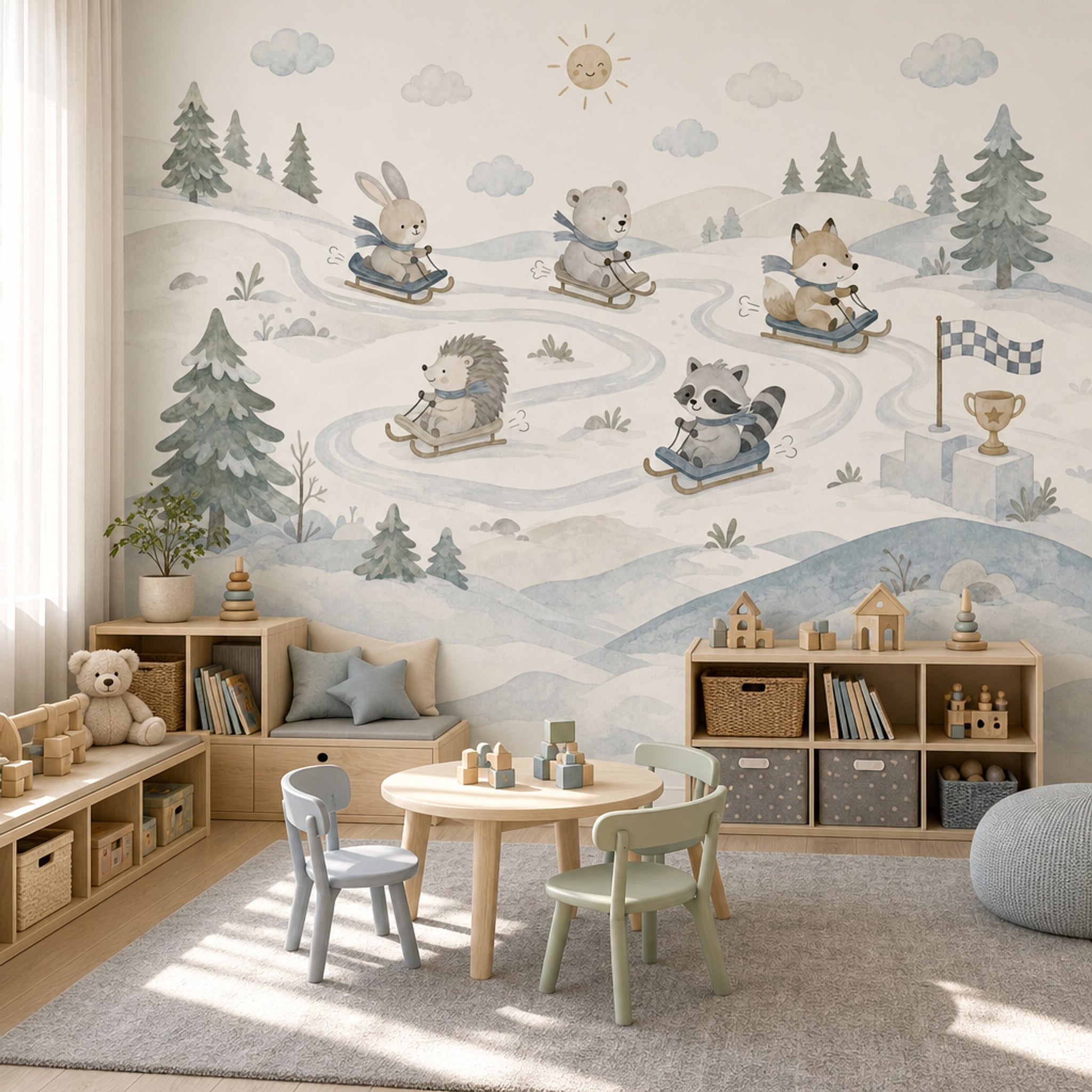 Winter Landscape Wallpaper Watercolor Removable Woodland Animals Wall Decor
