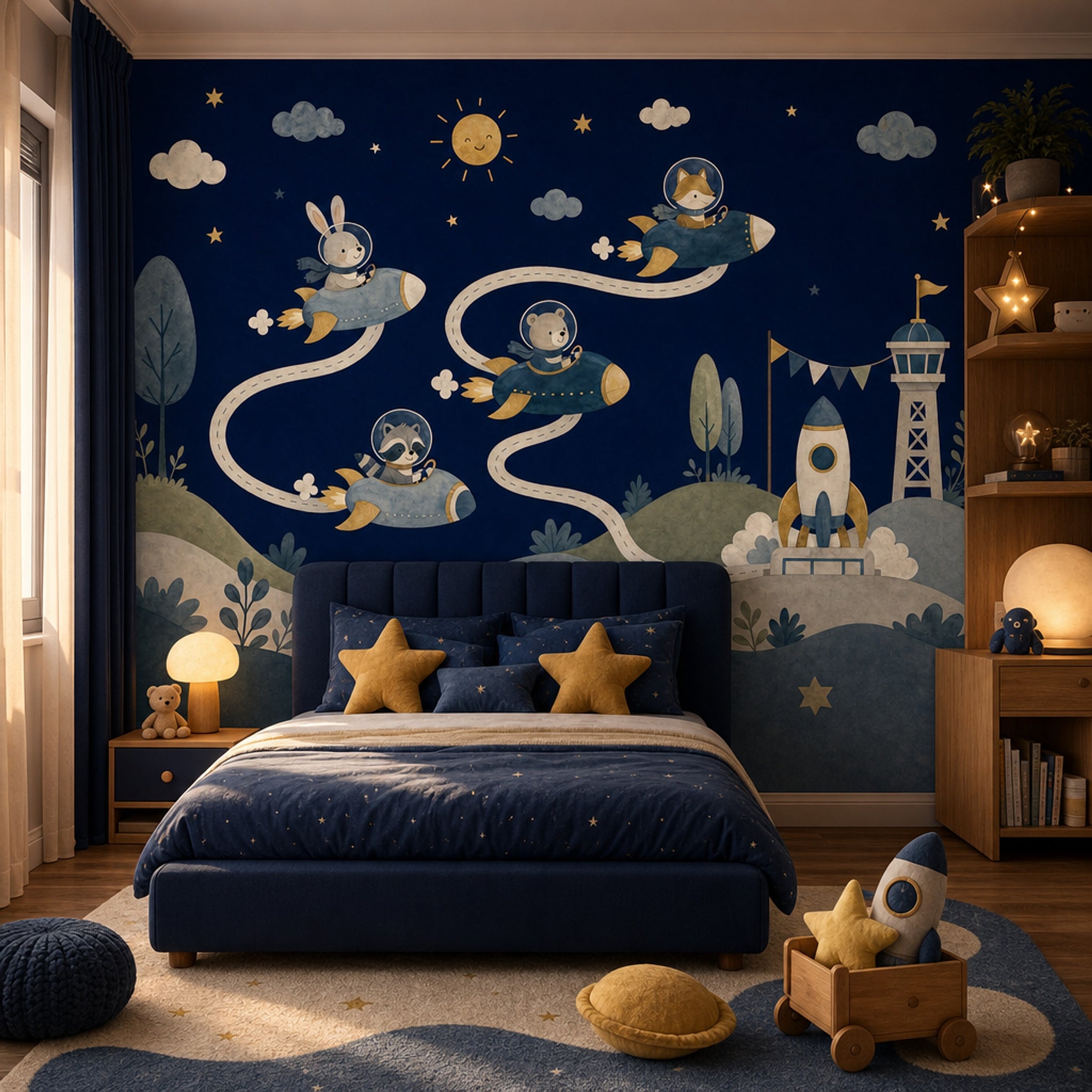 Kids Space Adventure Wallpaper Watercolor Illustration Animals In Rockets Removable Wall Decor