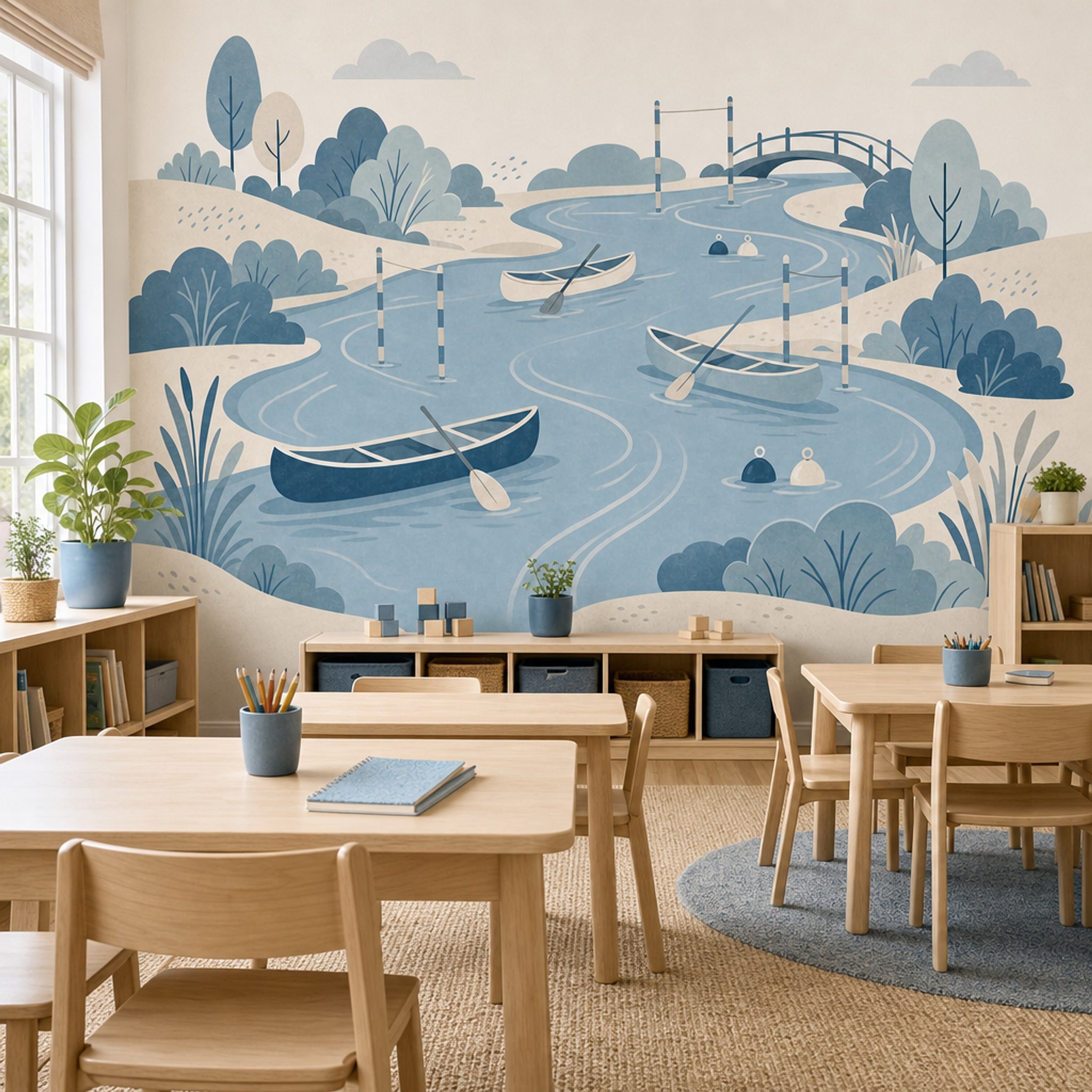 River Landscape Wallpaper Rowboats Scandinavian Style Wall Mural
