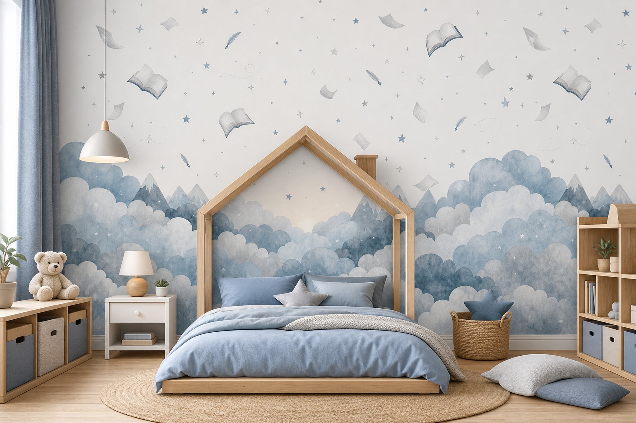 Floating Books Wallpaper Watercolor Sky Removable Whimsical Nursery Wall Decor