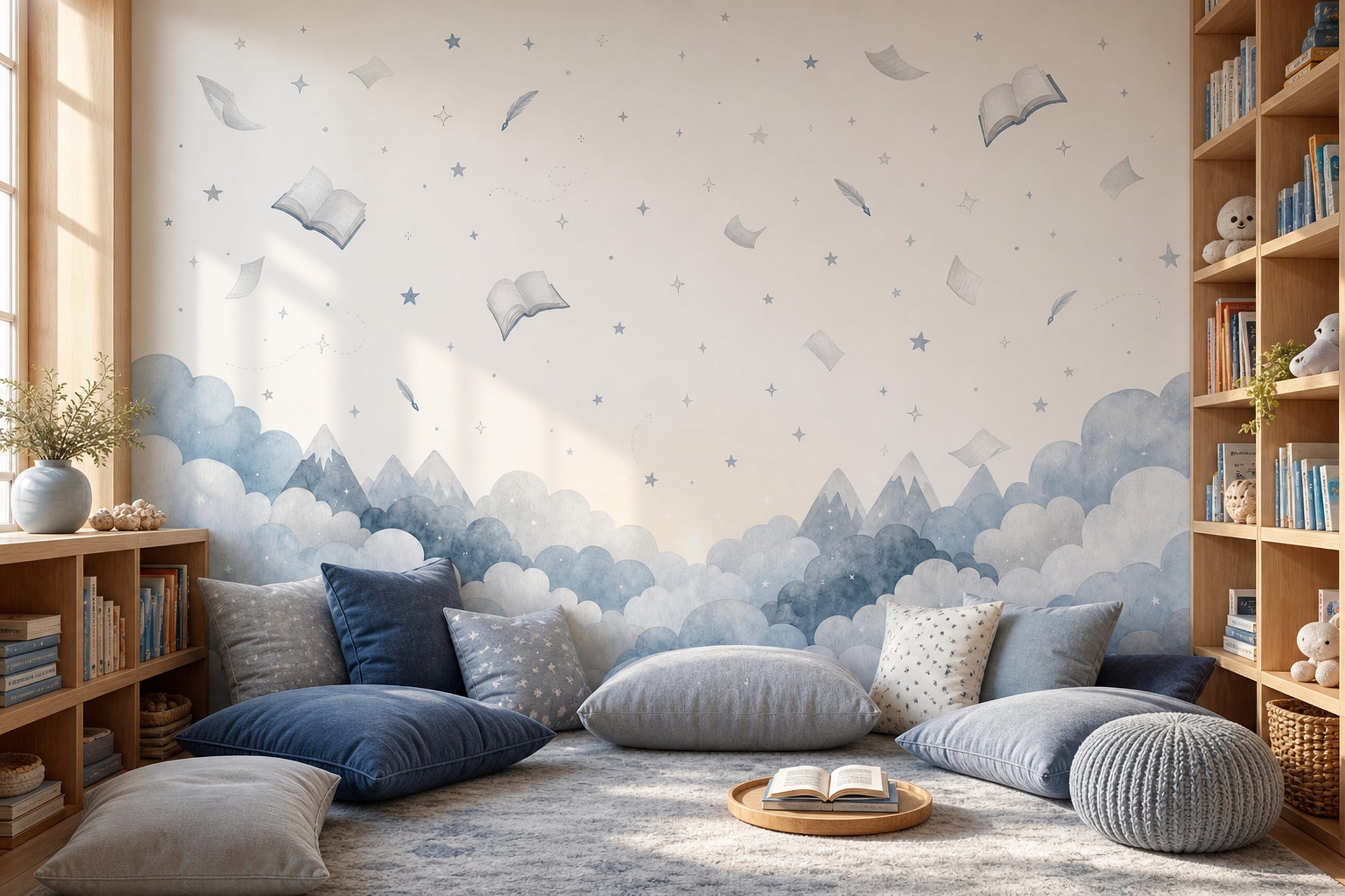 Floating Books Wallpaper Watercolor Sky Removable Whimsical Nursery Wall Decor