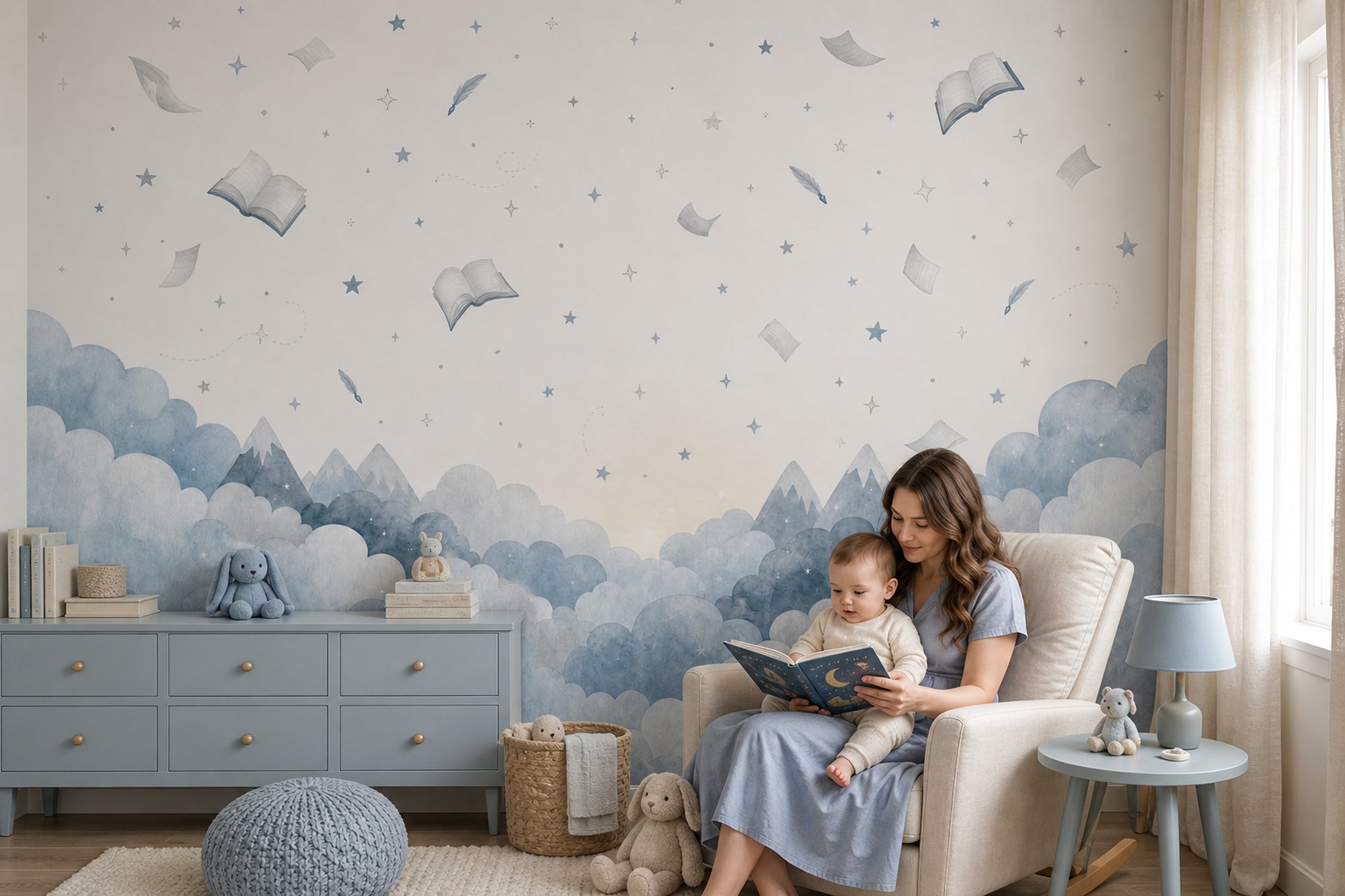 Floating Books Wallpaper Watercolor Sky Removable Whimsical Nursery Wall Decor