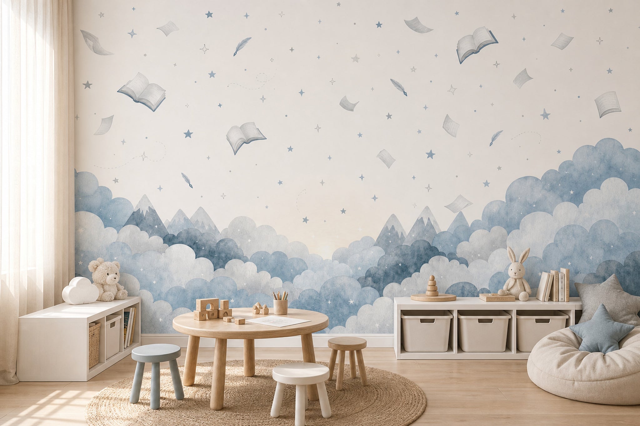 Floating Books Wallpaper Watercolor Sky Removable Whimsical Nursery Wall Decor